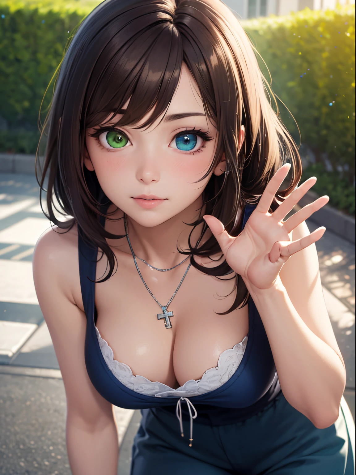 ((masterpiece, best quality, highres, UHD, perfect pixel, depth of field, 4k, RTX, HDR))), 1girl, single, solo, beautiful anime girl, beautiful artstyle, anime character, ((long hair, extremely long hair, hair down to butt, very long hair, bangs, dark brown hair, brown hair, curly hair:0.4), ((heterochromia eyes:1.4, rounded eyes, beautiful eyelashes, realistic eyes, one green eye one blue eye,heterochromic eyed, blue and green heterochromia)), ((detailed face, blushing:1.2)), ((smooth texture:0.75, realistic texture:0.65, photorealistic:1.1, anime CG style)), medium breasts, ((center of frame, dynamic angle, close up)), perfect body, ((feminine clothes, silver cross necklace)) full body, standing outside, holding white flag, waving pride flag, waving large flag on pole, sunny summer day, detailed lighting, dynamic lighting, (((dark brown hair))) extremely long hair, ((blue and green heterochromia))