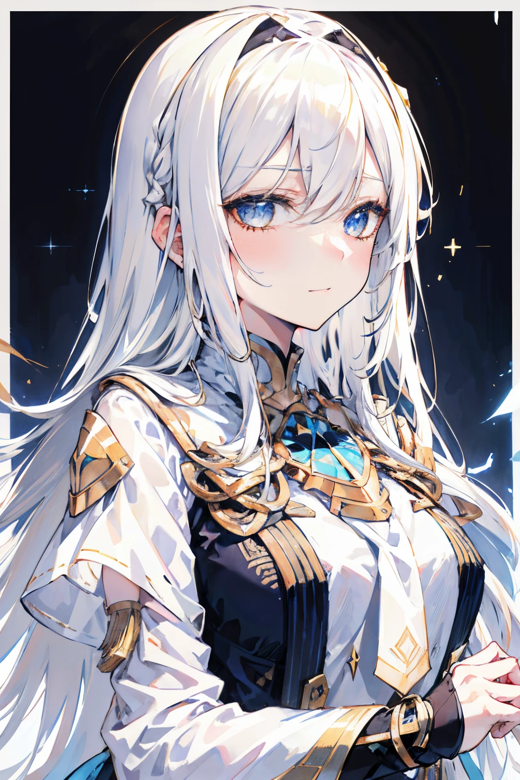 (masuter piece,Best Quality,Ultra-detailed), (A detailed face), Movie Posters, hight resolution, 1girl in, (front-facing view), White hair, length hair、Braided side locks, Gold Eye, General's jacket, The upper part of the body, flat-chest, (Beautiful Detail Eye: 1.1), (Detailed hand), (Detail light: 1.1), Desportivo, Film Light, Pale skin type, (looking at the viewers), (magazine:1.3), (cover-style:1.3), Textured skin, Super Detail, Tarot Boundary, border, Alfonse Mucha, Dynamic streaks, locus:1.2, Dim color scheme, portraitures, Look at viewers, 独奏, (full body Esbian:0.6), A detailed face, soft smiling, Dynamic Poses, (Ancient Mesopotamian theme), Sumerian, Mesopotamian mythology, Uruk, ziggurat, Demigod, white robes, laurel, (A thriving civilization), Ancient palaces, stele, particles floating, Fire emblem