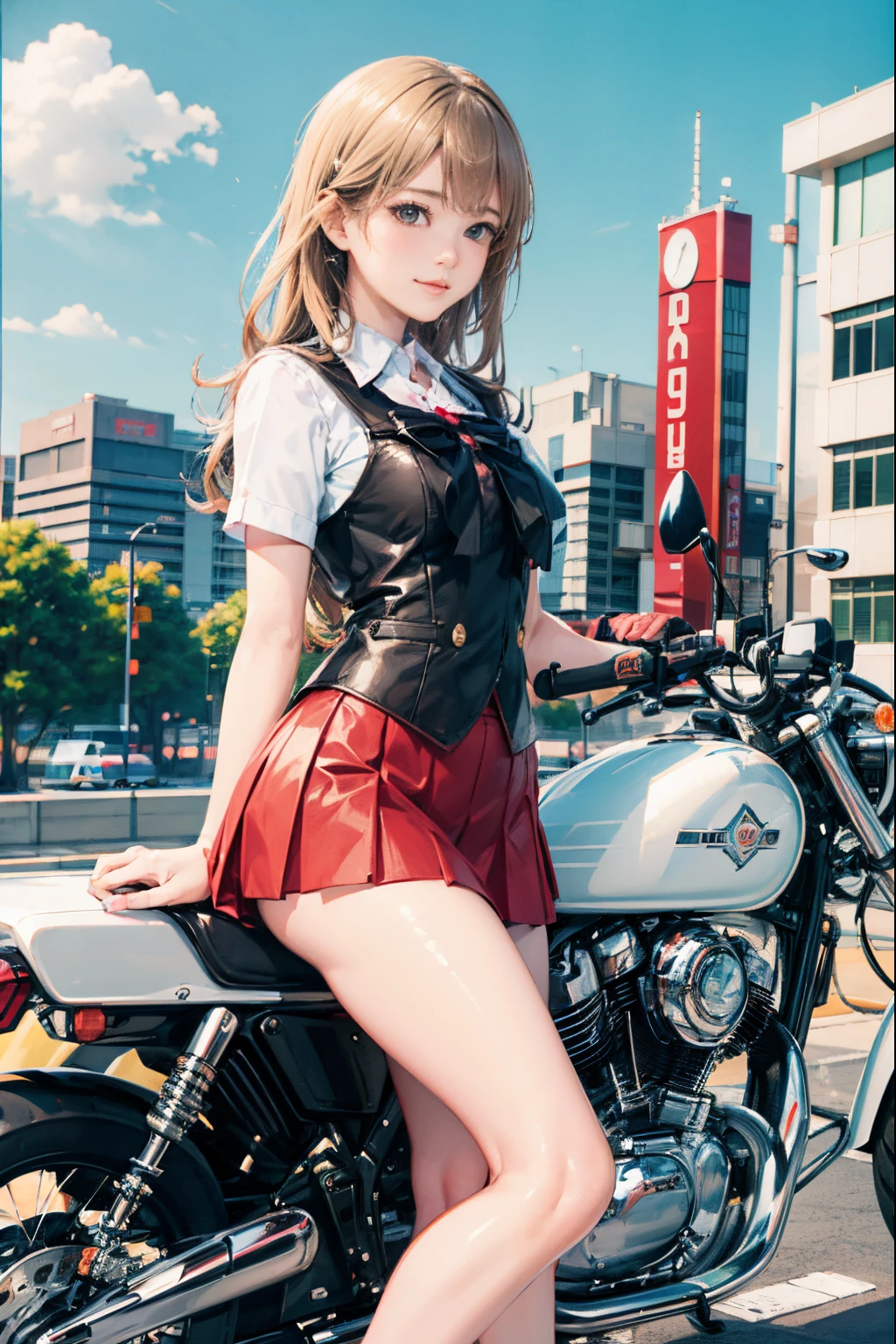 Japan schoolgirl riding motorcycle,a miniskirt、White panty、beautiful thigh、Beautiful panties、beautiful  Girl、Beautie、Beautie、****con hentai、Beautiful panties、beautiful thigh、beautiful  Girl、Beautie、Happy!!!, , motor cycle,[ photos realistic ]!!, hight resolution,