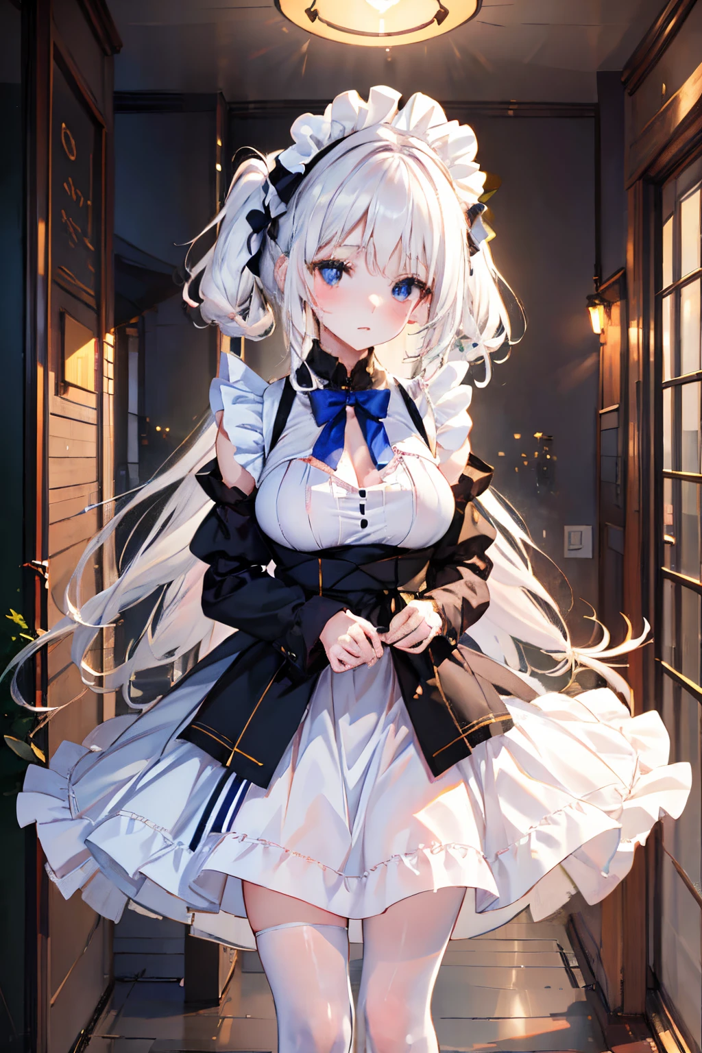 fuzzy, fuzzy_Background with, fuzzy_foreground, Depth-of-fie_'s_venue, izarai_Tsukuru, maid_head gear, sport_bblurry, 1个Giant Breast Girl, maid, twincest_pigtails, woven, aprons, Plata_the hair, photore_\(middling\), lacepantyhose, Alone, waistup_aprons, fluffly_the sleeve, tall_high-heels, the bow, Green_the bow, fluffly_short_the sleeve, Black_footwear, blue_The eye, short_the sleeve, the hair_the bow