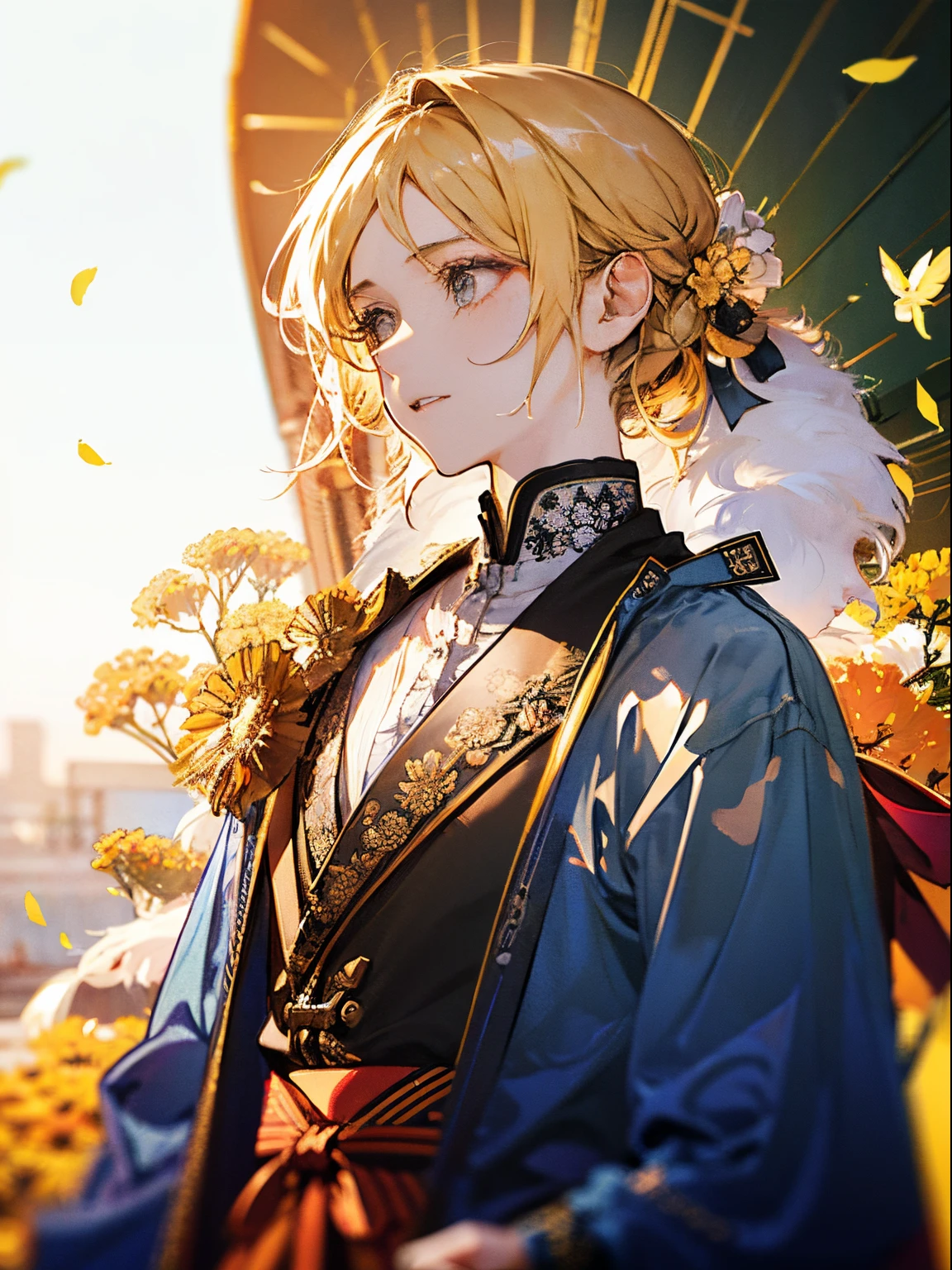 male in his 20s、Blonde shorthair、Fantastic costumes、serene expressions、Sunlight、pray、Fantastic background