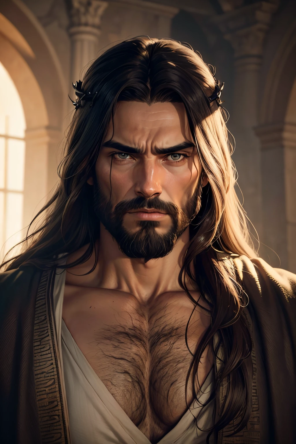 Jesus Christ with Thorn's Head, Jesus, 8k, jesus of nazareth, Meio Corpo, Looking at camera, Realistic, humano, cabelos longos e barba, cinemactic, circunstanciado, Jesus Cristo, expression of sadness, Jesus, Jesus Cristo --auto