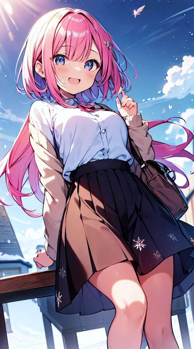 masutepiece, Best Quality,Illustration, Wallpaper, ultra -detail, Absurd beauty, 1beautiful girl、Bright hair color、Glitter and big eyes、Hair fluttering in the wind、♡、Landscape from winter to spring、great laughter、skirt by the、Futomo、Poses in motion