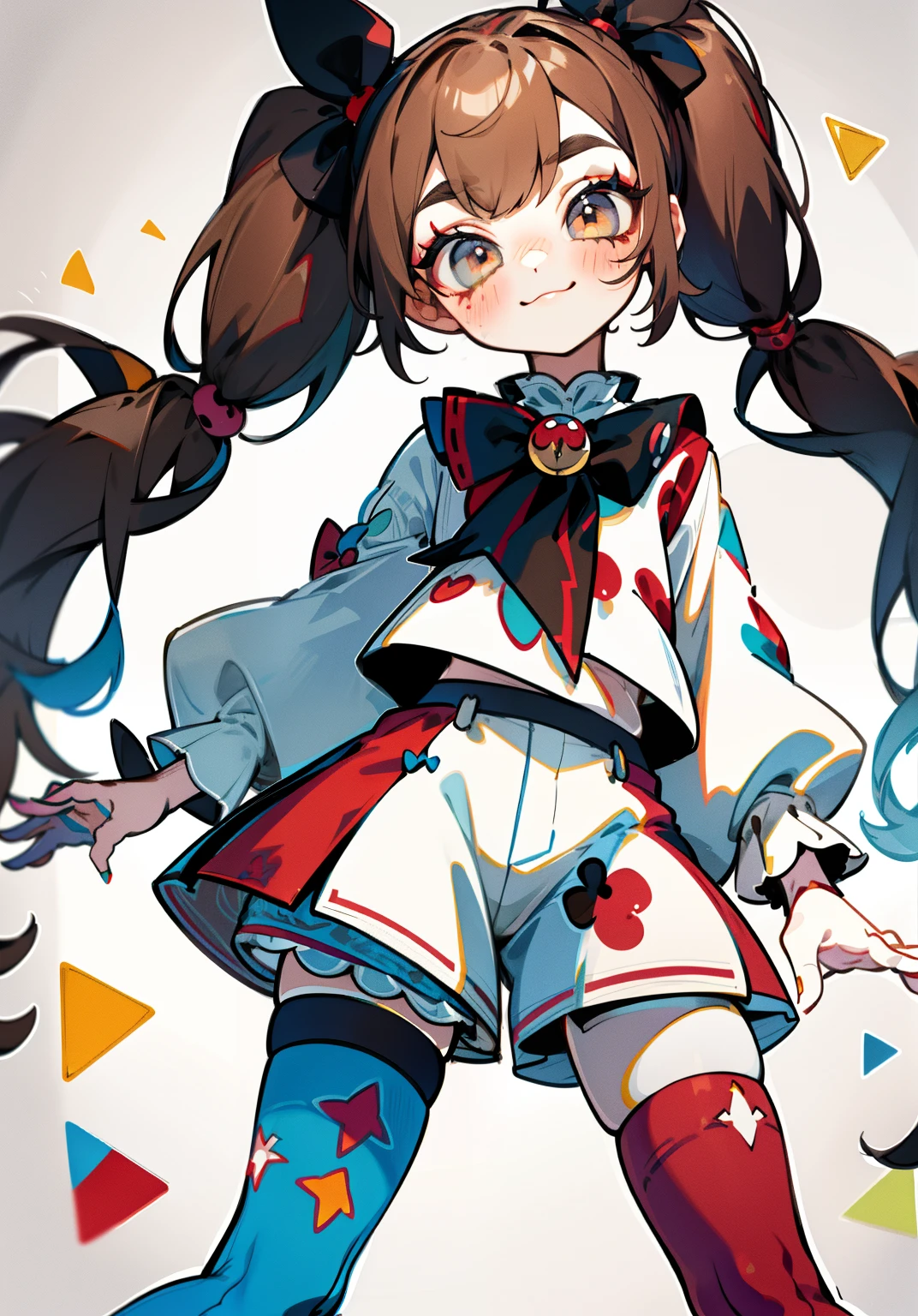 1GIRL, insane clown girl, finely detailed, (best quality), (intricate details), cute style, ****, jester style, multicolored, ((long brown hair in pigtails)), best quality, ((long sleeve shirt and shorts)), ((red and white clothes)), ((jester style clothes)), ((thigh high socks)), ((round eyes)), ((has jester makeup)), beautiful face, happy, cute face, pinup, perfect face, simple background portrait