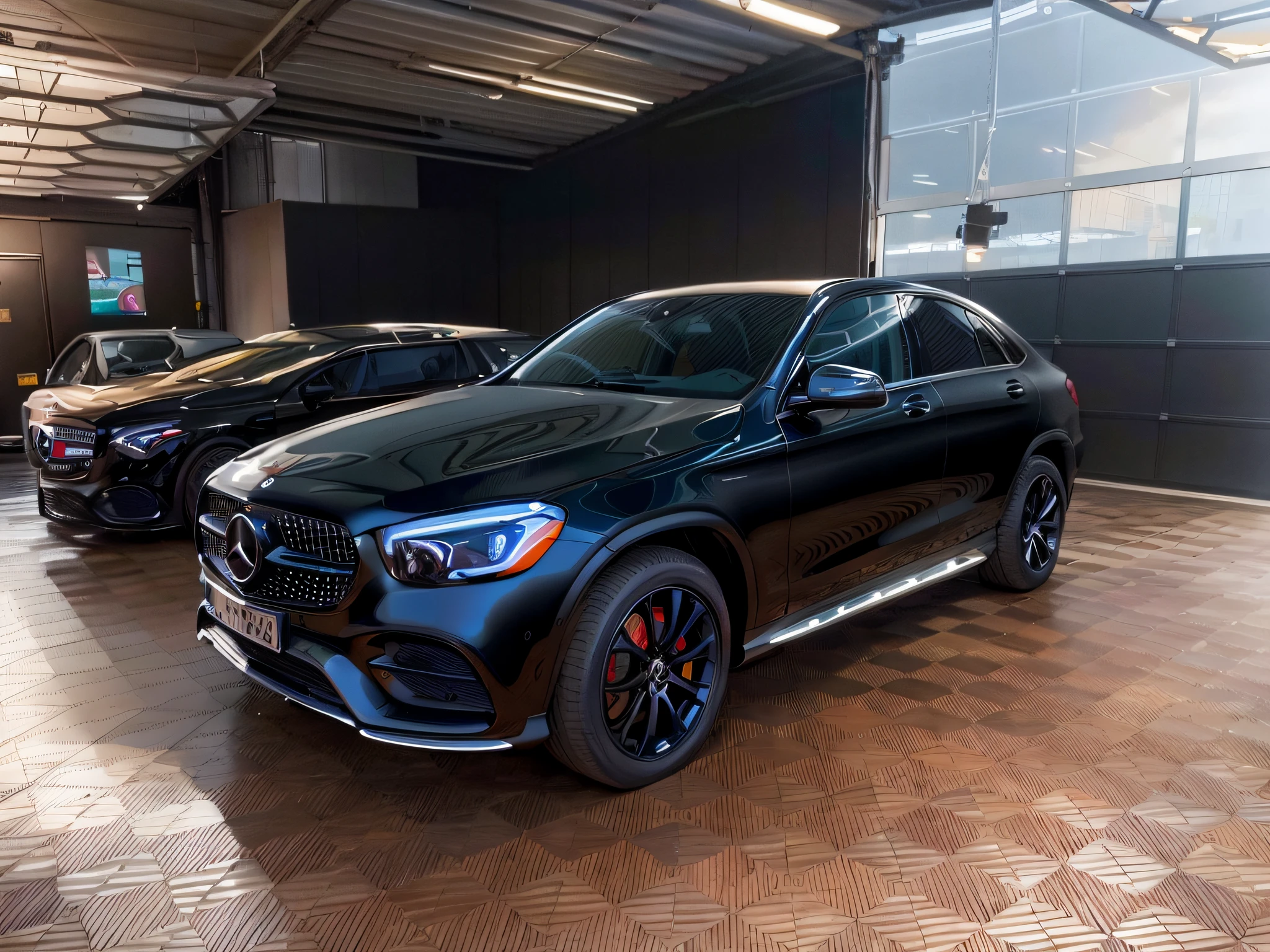 View of a black Mercedes SUV, parked in the garage, 2 0% mother of pearl detail, black gloss, Mercedes, Mercedes Benz, Shot on iPhone 14 Pro, Shot on iPhone 1 3 Pro, full face, Shot on iPhone 1 3 Pro, full unit, s face, 🤬 🤮 🤮 🤮 🤮 💕 🎀, Front profile