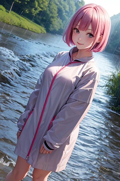 rika, pink haired,red eyes, cute eyes,round eyes,Height 165cm,18yo,bust chart 30D:1,Realistic,bob cut,round face,cute face,Light from cloudy sky,Large drops of rain, Various raincoats Downpouring rain Raincoat is wet Cloudy sky Smiling face Water level is so high that the river is about to flood