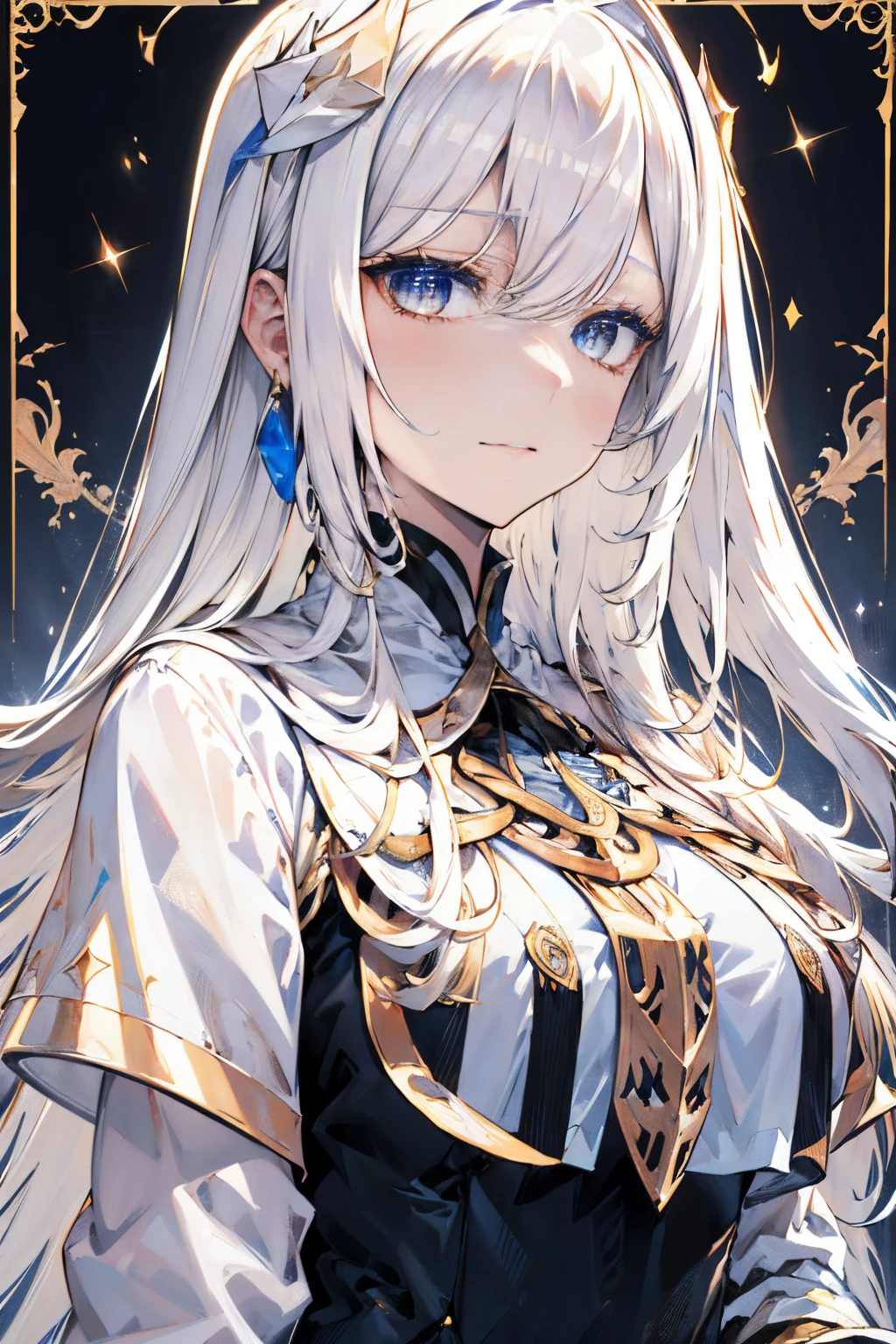 (masuter piece,Best Quality,Ultra-detailed), (A detailed face), Movie Posters, hight resolution, 1girl in, (front-facing view), White hair, length hair、Braided side locks, Gold Eye, General's jacket, The upper part of the body, flat-chest, (Beautiful Detail Eye: 1.1), (Detailed hand), (Detail light: 1.1), Desportivo, Film Light, Pale skin type, (looking at the viewers), (magazine:1.3), (cover-style:1.3), Textured skin, Super Detail, Tarot Boundary, border, Alfonse Mucha, Dynamic streaks, locus:1.2, Dim color scheme, portraitures, Look at viewers, 独奏, (full body Esbian:0.6), A detailed face, soft smiling, Dynamic Poses, (Ancient Mesopotamian theme), Sumerian, Mesopotamian mythology, Uruk, ziggurat, Demigod, white robes, laurel, (A thriving civilization), Ancient palaces, stele, particles floating, Fire emblem