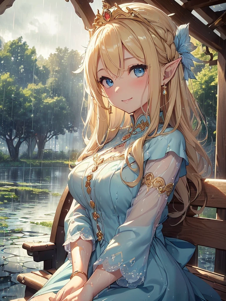 top-quality、Top image quality、masterpiece、The season is autumn、girl with((20yr old、Best Bust、big bast、Bust 90,Beautiful blue eyes、,Blonde long hair、A slender、Fairy feathers、In beautiful dresses of various colors、a closeup、sit on a bench in the fairy palace、Under the roof、Gold ring on wrist、beautiful tiara、hiquality、Beautiful Art、Background with((Lots of rain)))masutepiece、visualart、depth of fields、It's raining outside、、 、low angles、A sexy、Elven ears、light magic、By the window of the arbor、big tree outside、Autumn leaves、boring smile、Cloudy sky and rain、dark sky