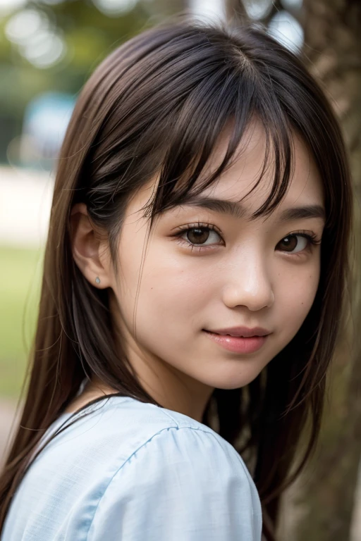 Floresta, chuva, studiolight, profundidade de campo, parte superior do corpo, delgado, cara bonito, grande sorriso, belos olhos de detalhe, without false eyelashes, short eyelashes, 16 years Japan, fofo, cachos volumosos marrons quentes, Terno de Marinheiro, senior high school student, puro,