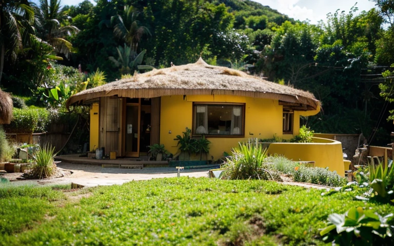 A photograph of a symmetrical contemporary house with (((waved green roof))) and (((biological pool))) in a tropical backyard, mustard yellow terracota plaster walls (((rustic clay stucco))), ((corner walls rounded)), ((rustic clay plaster)), (((terracotta walls with rounded corners, organic curves))), (((rustic earth plaster, mud))), (((wave-shaped green roof with wooden edge))), (((wooden roof structure, wooden rake, wooden fascia board))), eaves, porch with wooden pillar, ((roof with wooden structure)), In Bali (((Tropical garden))), ((natural houses, organic buildings, organic architecture)), Ecovillage, sustainable architecture, Bioconstruction architecture, solarpunk architecture, (((grass roof, green roof, green wave roof, rounded roof, vegetated roofs))), ((green architecture)), Passive house, (((Rock Foundation))), Clear sky in the background, painful beauty, modern, imposing, green house, ((Bali hobbit Hadid Style)), super resolution, cinematic, color grading, editorial photography, photography, photo shoot, (((dramatic front eye top angle view))), O 50mm, depth of field, intricate details, natural colors, sharp focus, warm light, shutter speed 1/1000, F/22, White Balance, Ray Trace Reflections, Lumen Reflections, Screen Space Reflections, Diffraction Rating, Chromatic Aberration, GB Shift, Partial Lighting, Backlighting, Daylighting, Scan Lines, ambient occlusion, antialiasing, shaders, OpenGL-Shaders, GLSL-Shaders, Post-processing, post-production, shading, tone mapping, incredibly detailed and complex, hypermaximalist, elegant, hyperrealistic, super detailed, dynamic pose, Fujifilm XT