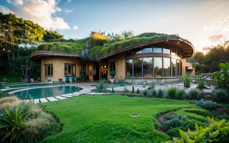 A photograph of a symmetrical contemporary house with (((waved green roof))) and (((biological pool))) in a tropical backyard, mustard yellow terracota plaster walls (((rustic clay stucco))), ((corner walls rounded)), ((rustic clay plaster)), (((terracotta walls with rounded corners, organic curves))), (((rustic earth plaster, mud))), (((wave-shaped green roof with wooden edge))), (((wooden roof structure, wooden rake, wooden fascia board))), eaves, porch with wooden pillar, ((roof with wooden structure)), In Bali (((Tropical garden))), ((natural houses, organic buildings, organic architecture)), Ecovillage, sustainable architecture, Bioconstruction architecture, solarpunk architecture, (((grass roof, green roof, green wave roof, rounded roof, vegetated roofs))), ((green architecture)), Passive house, (((Rock Foundation))), Clear sky in the background, painful beauty, modern, imposing, green house, ((Bali hobbit Hadid Style)), super resolution, cinematic, color grading, editorial photography, photography, photo shoot, (((dramatic front eye top angle view))), O 50mm, depth of field, intricate details, natural colors, sharp focus, warm light, shutter speed 1/1000, F/22, White Balance, Ray Trace Reflections, Lumen Reflections, Screen Space Reflections, Diffraction Rating, Chromatic Aberration, GB Shift, Partial Lighting, Backlighting, Daylighting, Scan Lines, ambient occlusion, antialiasing, shaders, OpenGL-Shaders, GLSL-Shaders, Post-processing, post-production, shading, tone mapping, incredibly detailed and complex, hypermaximalist, elegant, hyperrealistic, super detailed, dynamic pose, Fujifilm XT