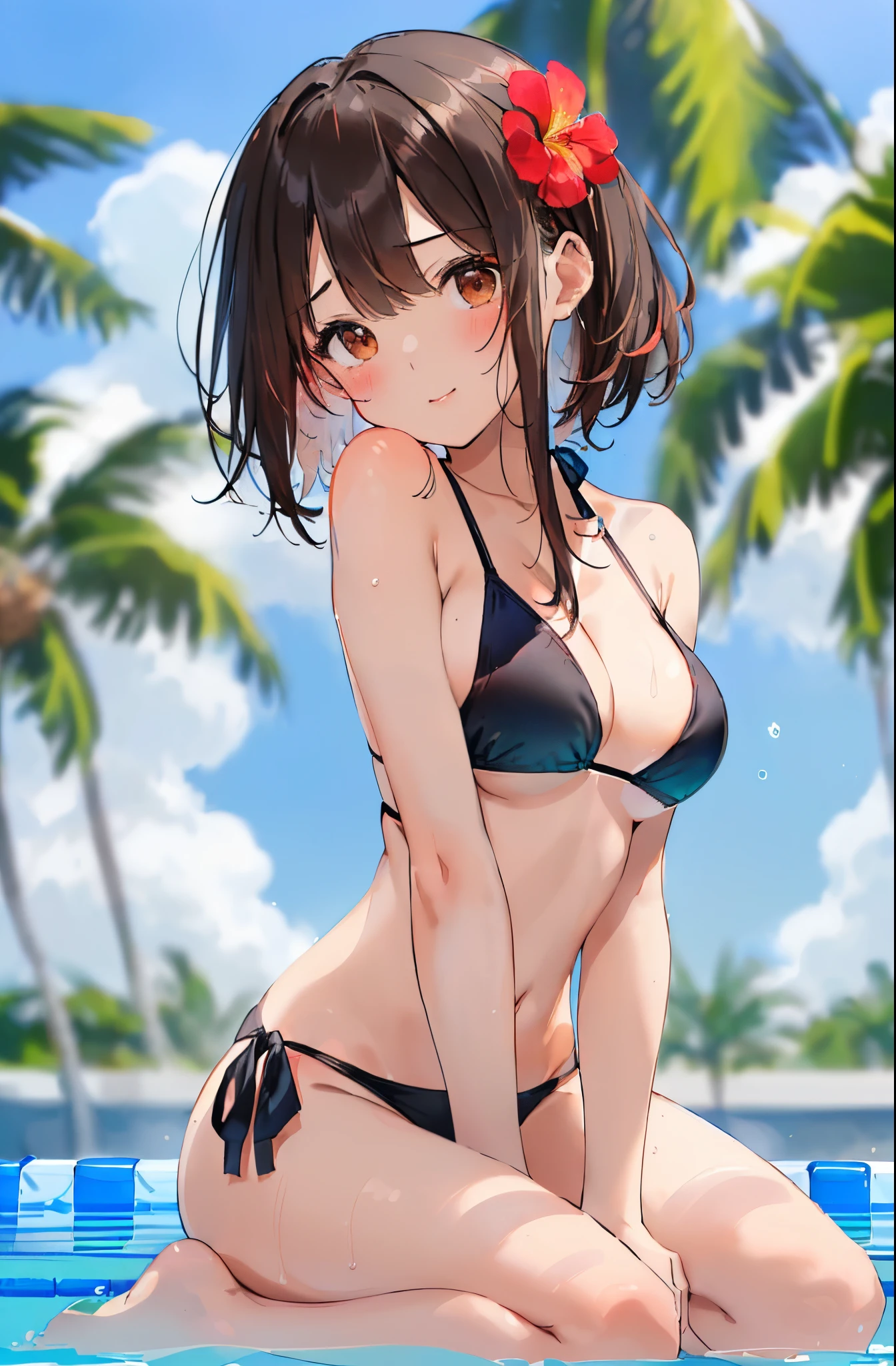 top-quality、masterpiece、(1 adult female:1.3)、(Soft bust:1.2)、Natural Big、cleavage of the breast、(to close range:1.2)、slender、Seated Pose、Chest thrusting pose、(Thin and simple black small bikini swimsuit:1.2)、(White highlights of the pupil:1.2)、dark red-brown eyes、A dark-haired、(Look at viewers:1.2)、de pele branca、Textured skin、A slight smil、red blush、embarassed expression、(Blue summer sky:1.3)、(Avoid the background around the upper body:1.3)、(Blur the background a lot to make the woman stand out:1.3)、(Beautiful background of beach pool:1.3)、(Beautiful summer flowers)