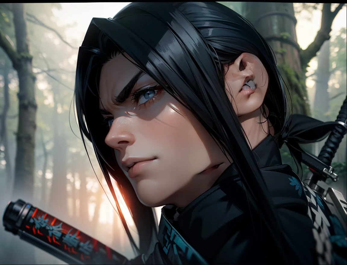Detailed black hair、blue outfit、Cinematic Photo, A ninja with a sword is mocking a tree々creep, 电影灯光, cinematic quality, Film grain, maximum realism, hight resolution, ighly detailed
