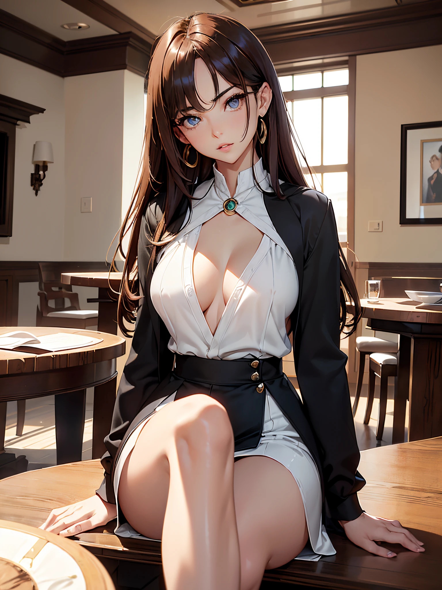 in 8K、masutepiece、masterpiece、 top-quality、The ultra -The high-definition、ighly detailed、超A high resolution, (fidelity: 1.2)、细致背景、extremely details CG、Colorful light reflection、Backshots、cafes、Table seating、A woman in her 30s sitting in a wheelchair、Full body like、detailed full body、de pele branca、Beautuful Women、(A detailed eye、Small eyes、Almond Eye、Black eyes、Bright pupils、Gradient Eyes、finely detailed beautiful eye、big highlight on eyes:1.2)、(Light red-brown hair、midiam、asymmetrical bangs)、(Woman in black business suit、White cutter shirt、skirt by the、boots)、(thin and long legs、Beautiful hip line、Beautiful spine、constricted back、Toned waist、Pouty lips、gross、Glossy lips、beutiful breast、Smaller chest、Breast is an A cup) 、(oval-face : 1.4)、(Fine fingers、detailed arms、detailed human hands)、Melancholy look