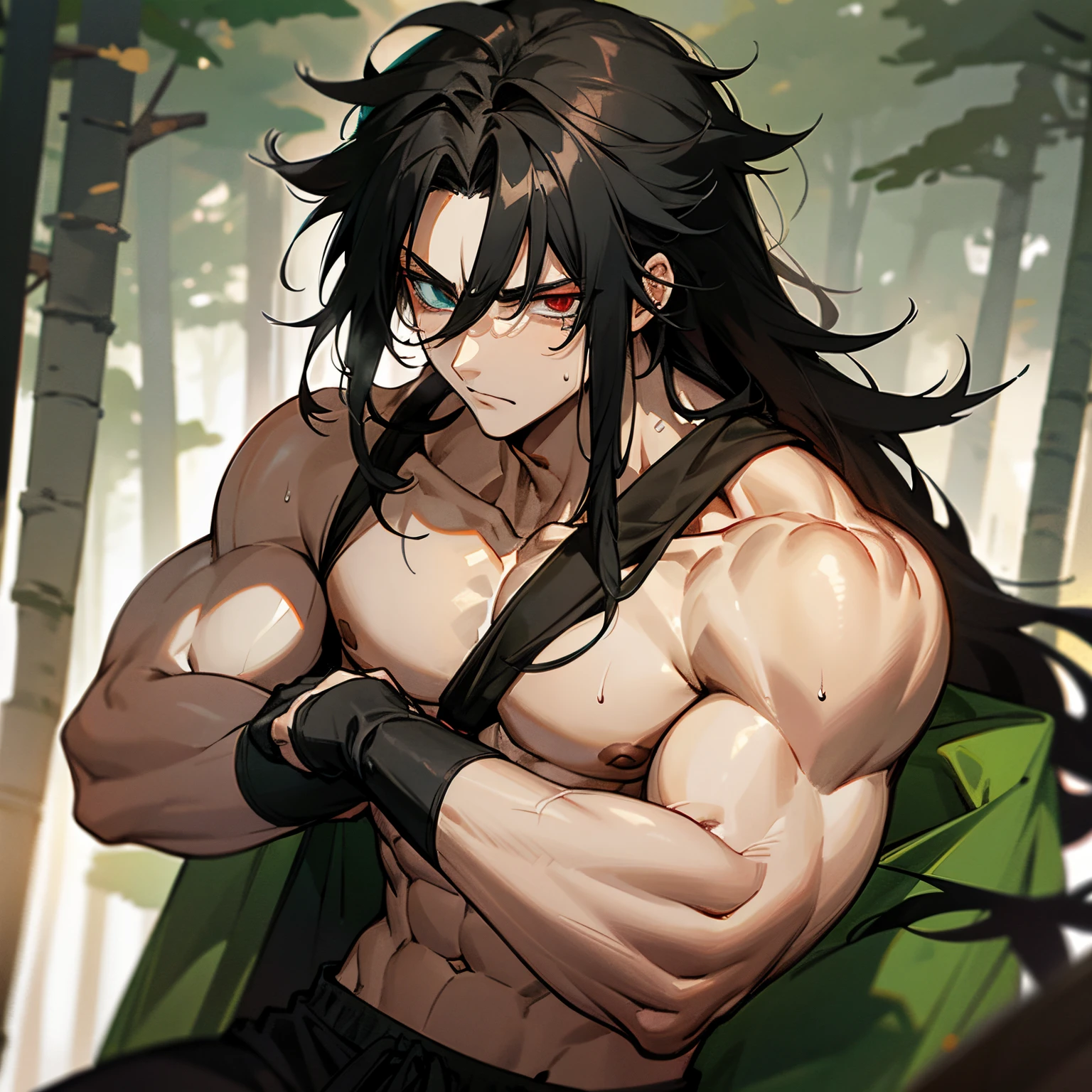 1 Male, Long Black Messy Hair, Heterochromia, Sweat Pants, No shirt, Muscular, Gakugen Clothes, Stoic Pose, Forest Background,