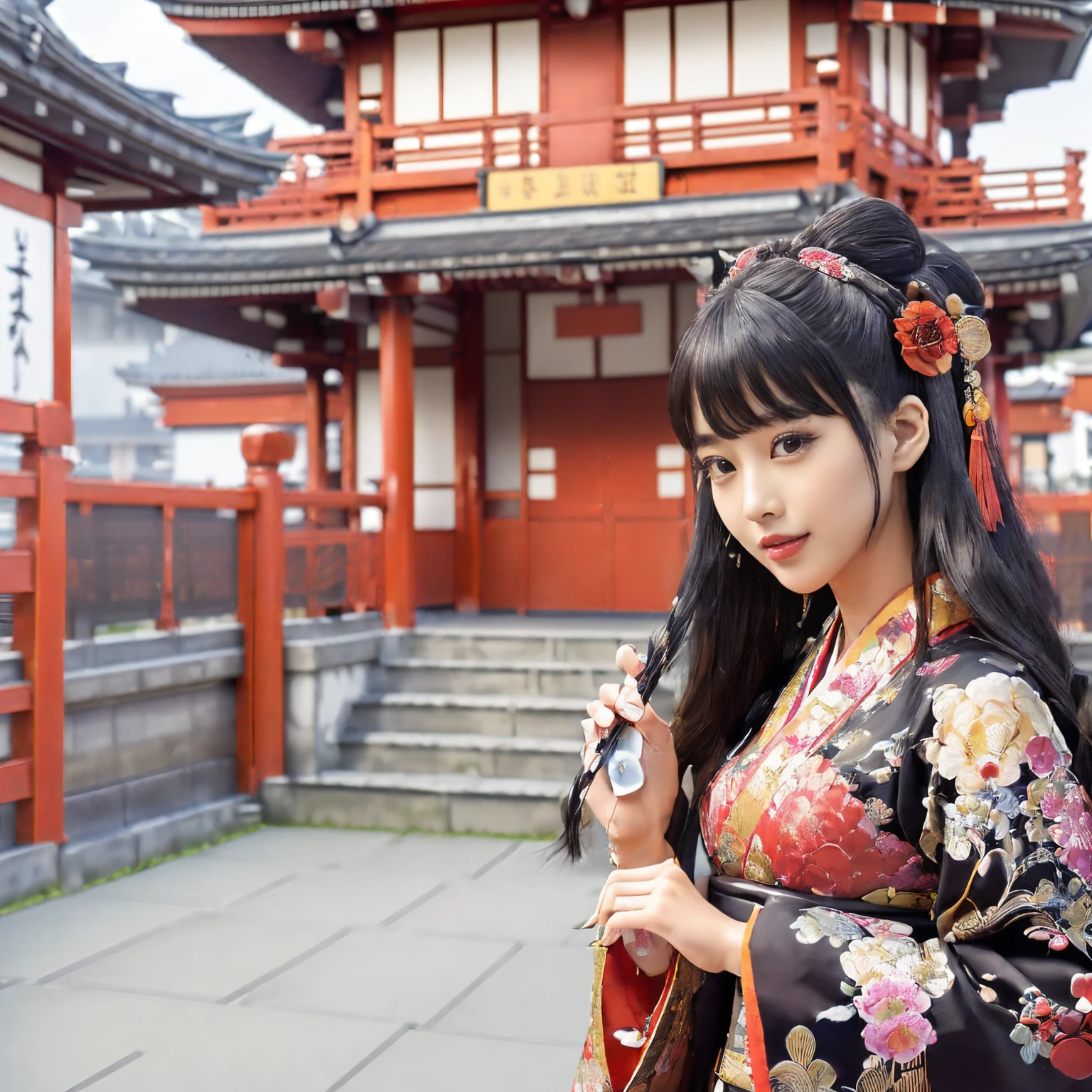 ((top-quality、masutepiece、8K、Top image quality、Very complex and detailed details、Shooting centered on one woman 、a person々a photo of a、bright and vivid photos、a high chroma))、((Beauty 1 person、Take photos from up close to her、Mainly female close-ups、Detailed her face、Photographing a single woman、stand in the capital、Take a photo of her from the knees up、gorgeous costumes、花魁、Oiran kimono、Gorgeous courtesan costume))、(((Atmosphere of the Heian period、Beautiful Niwa-lacquered pillars、Huge and majestic Niwa-lacquered gate、Beautiful and perfect Heiankyo、beautiful and luxurious tiled roof、many luxurious buildings、Lots of buildings、luxury capital、luxury city buildings、A complete reproduction of the Heian period capital、The perfect capital of Heiankyo、The precincts of Heiankyo、luxury city、Japan in the 800s、Heian period、Perfect reproduction of Japan、Heian period)))、(Perfect gas chamber、A smile)