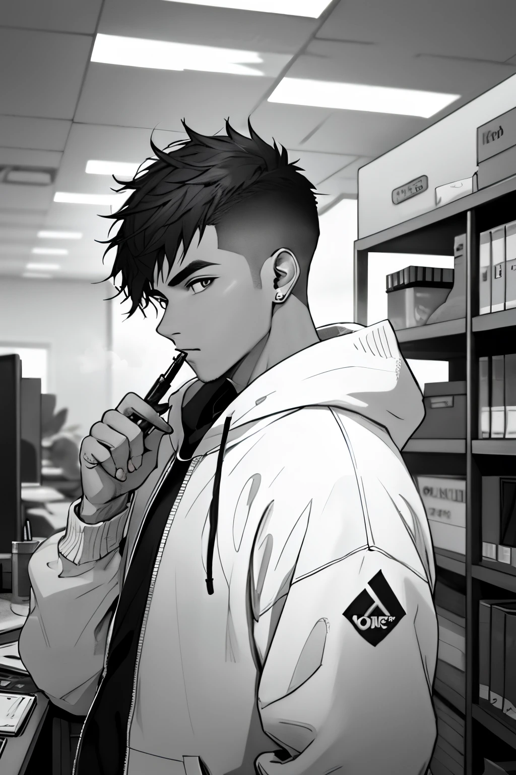 Anime boy in a white jacket smoking a cigarette in a library