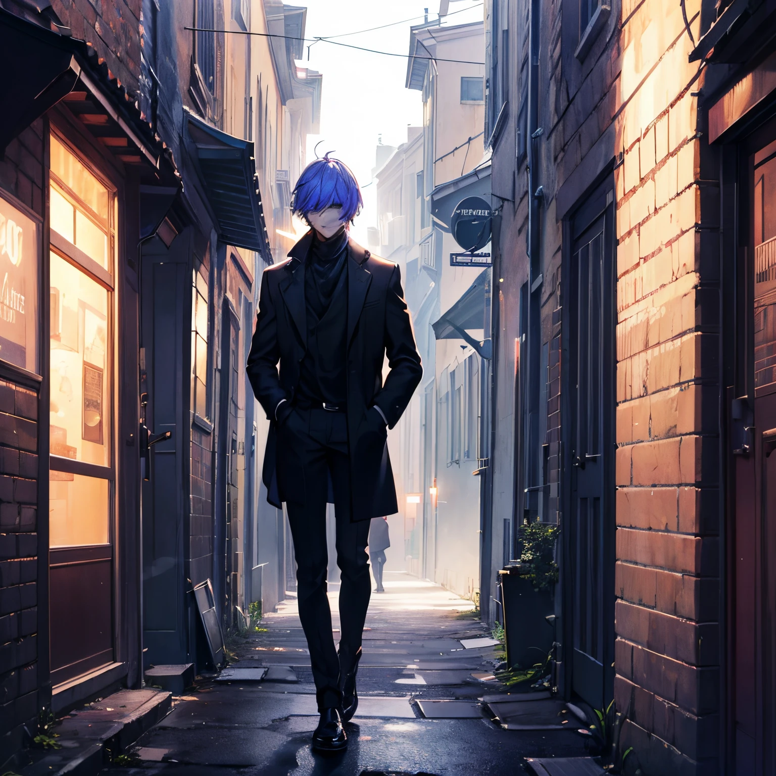 Homme de 40 ans,les cheveux court, fumant une cigarette dans une ruelle sombre eclaire par des neons. behind,a demoniac shadow that he observes