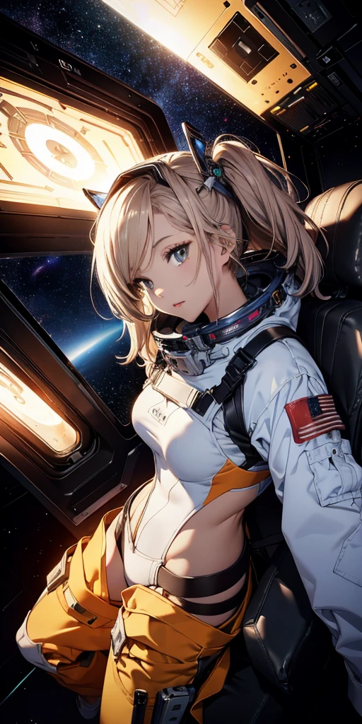 Highest quality,Highest Resolution,A beautiful girl from the future flying in space,Earth in the background,Milky Way,