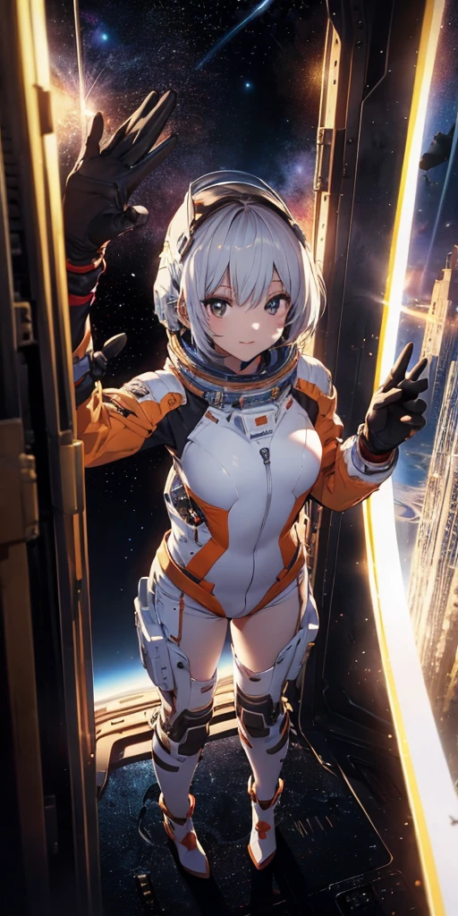 absurd res, A high resolution, (巨作:1.4), A highly detailed, 1girll, From above, space, Floating, space suit, Sharp focus, (Cinematic lighting), (1girll), Slight smile