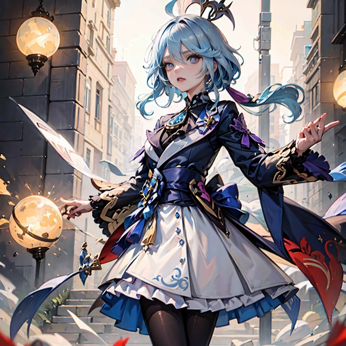 Personaje furina de genshin impact, traje detallado y con sus zapatos