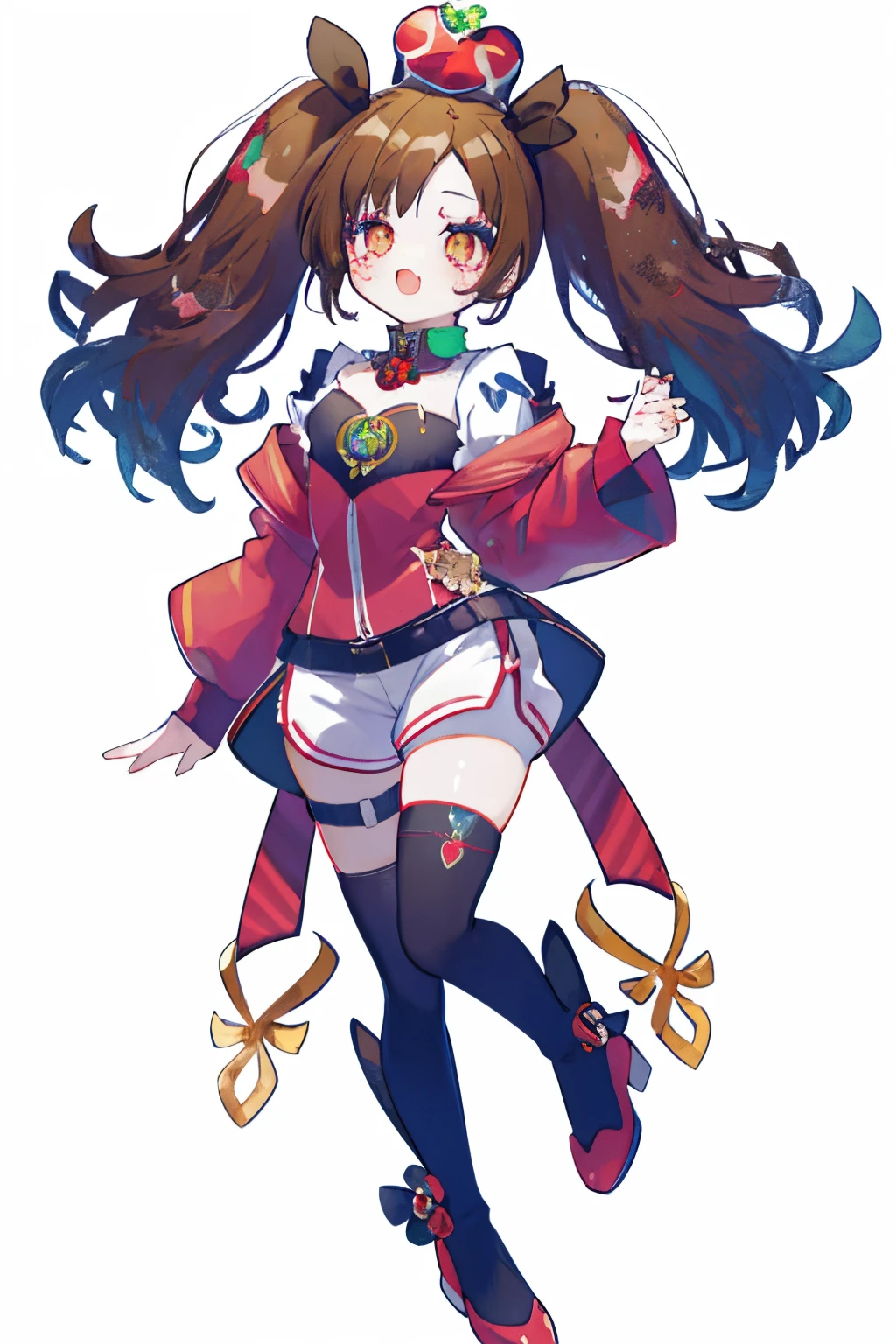 1GIRL, insane clown girl, finely detailed, (best quality), (intricate details), cute style, li, jester style, multicolored, ((long brown hair in pigtails)), best quality, ((long sleeve shirt and shorts)), ((red and white clothes)), ((jester style clothes)), ((thigh high socks)), ((round eyes)), ((has jester makeup)), beautiful face, happy, cute face, pinup, perfect face, simple background portrait
