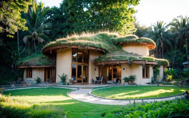 A photograph of a symmetrical contemporary house with (((one waved green roof))) and (((biological pool))) in a tropical backyard, mustard yellow terracota plaster walls (((rustic clay stucco))), ((corner walls rounded)), ((rustic clay plaster)), (((terracotta walls with rounded corners, organic curves))), (((rustic earth plaster, mud))), (((wave-shaped green roof with wooden edge))), (((wooden roof structure, wooden rake, wooden fascia board))), eaves, porch with wooden pillar, ((roof with wooden structure)), In Bali (((Tropical garden))), ((natural houses, organic buildings, organic architecture)), Ecovillage, sustainable architecture, Bioconstruction architecture, solarpunk architecture, (((grass roof, green roof, green wave roof, rounded roof, vegetated roofs))), ((green architecture)), Passive house, (((Rock Foundation))), Clear sky in the background, painful beauty, modern, imposing, green house, ((Bali hobbit Hadid Style)), super resolution, cinematic, color grading, editorial photography, photography, photo shoot, (((dramatic front eye top angle view))), O 50mm, depth of field, intricate details, natural colors, sharp focus, warm light, shutter speed 1/1000, F/22, White Balance, Ray Trace Reflections, Lumen Reflections, Screen Space Reflections, Diffraction Rating, Chromatic Aberration, GB Shift, Partial Lighting, Backlighting, Daylighting, Scan Lines, ambient occlusion, antialiasing, shaders, OpenGL-Shaders, GLSL-Shaders, Post-processing, post-production, shading, tone mapping, incredibly detailed and complex, hypermaximalist, elegant, hyperrealistic, super detailed, dynamic pose, Fujifilm XT