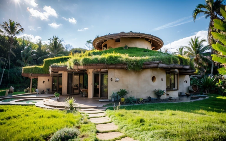 A photograph of a symmetrical contemporary house with (((one waved green roof))) and (((biological pool))) in a tropical backyard, mustard yellow terracota plaster walls (((rustic clay stucco))), ((corner walls rounded)), ((rustic clay plaster)), (((terracotta walls with rounded corners, organic curves))), (((rustic earth plaster, mud))), (((wave-shaped green roof with wooden edge))), (((wooden roof structure, wooden rake, wooden fascia board))), eaves, porch with wooden pillar, ((roof with wooden structure)), In Bali (((Tropical garden))), ((natural houses, organic buildings, organic architecture)), Ecovillage, sustainable architecture, Bioconstruction architecture, solarpunk architecture, (((grass roof, green roof, green wave roof, rounded roof, vegetated roofs))), ((green architecture)), Passive house, (((Rock Foundation))), Clear sky in the background, painful beauty, modern, imposing, green house, ((Bali hobbit Hadid Style)), super resolution, cinematic, color grading, editorial photography, photography, photo shoot, (((dramatic front eye top angle view))), O 50mm, depth of field, intricate details, natural colors, sharp focus, warm light, shutter speed 1/1000, F/22, White Balance, Ray Trace Reflections, Lumen Reflections, Screen Space Reflections, Diffraction Rating, Chromatic Aberration, GB Shift, Partial Lighting, Backlighting, Daylighting, Scan Lines, ambient occlusion, antialiasing, shaders, OpenGL-Shaders, GLSL-Shaders, Post-processing, post-production, shading, tone mapping, incredibly detailed and complex, hypermaximalist, elegant, hyperrealistic, super detailed, dynamic pose, Fujifilm XT