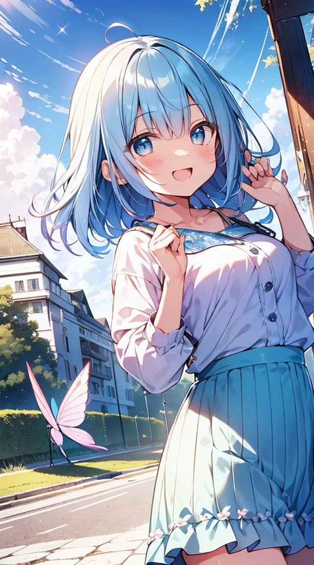 masutepiece, Best Quality,Illustration, Wallpaper, ultra -detail, Absurd beauty, 1beautiful girl、Bright hair color、Glitter and big eyes、Hair fluttering in the wind、♡、Spring landscape、great laughter、skirt by the、Futomo、Poses in motion
