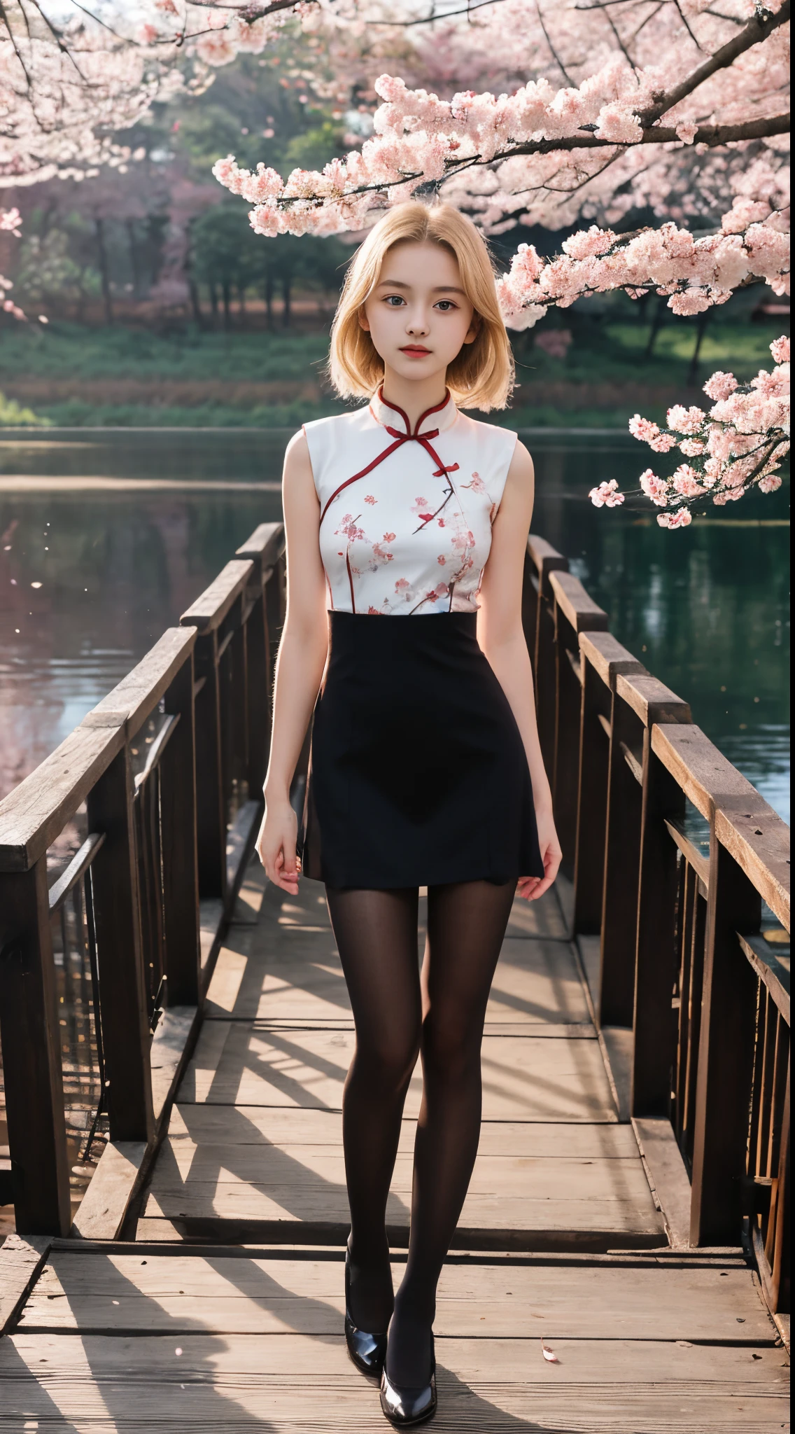 16 year old pre-teen, European, blonde, small breasts, big eyes, long legs, close-up of thighs, short red qipao dress, black tights, park background, crossing a wooden bridge at the lake, tree, cherry blossom , sunrise, light through fabric, specular light, ray tracing, HDR