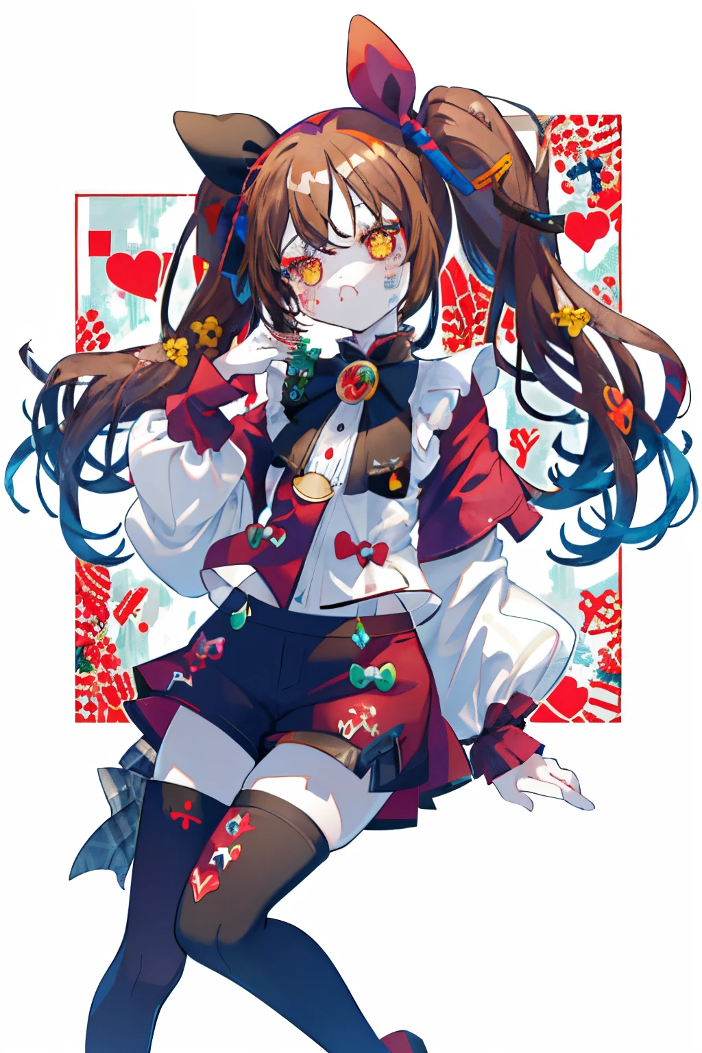 1GIRL, insane clown girl, finely detailed, (best quality), (intricate details), cute style, li, jester style, multicolored, ((long brown hair in pigtails)), best quality, ((long sleeve shirt and shorts)), ((red and white clothes)), ((jester style clothes)), ((thigh high socks)), ((round eyes)), ((has jester makeup)), beautiful face, happy, cute face, pinup, perfect face, simple background portrait