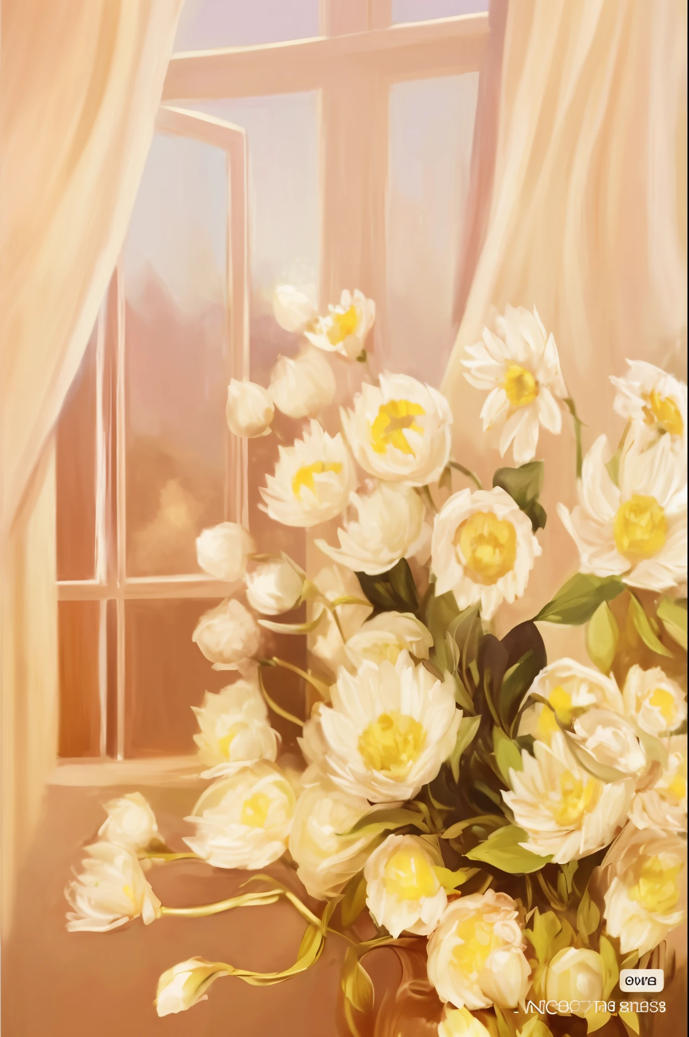Draw a vase of flowers,In the background is a window, elegant digital painting, beautiful digital painting, soft digital painting, digital painting style, realistic flowers oil painting, digital painting style, digitial painting, a beautiful painting, Inspired by Anna Ancher, golden flowers, Soft glow, gorgeous digital painting, Detailed soft painting, soft flower