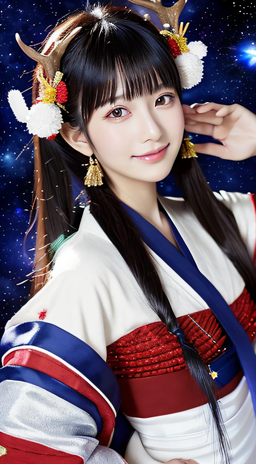 ((Outer space background))、hight resolution, Sharp Focus, Pixiv masterpiece, ((Intricate details)), Highly detailed, file_Seven Deer, 1girll, Onna no ko, Striped Beaded Necklace, Black hair, (spiked hair:1.1), Ponytail, Very long hair, Red clothes, white and blue open clothes, Simple kimono, Hakama、Outer space background、A smile