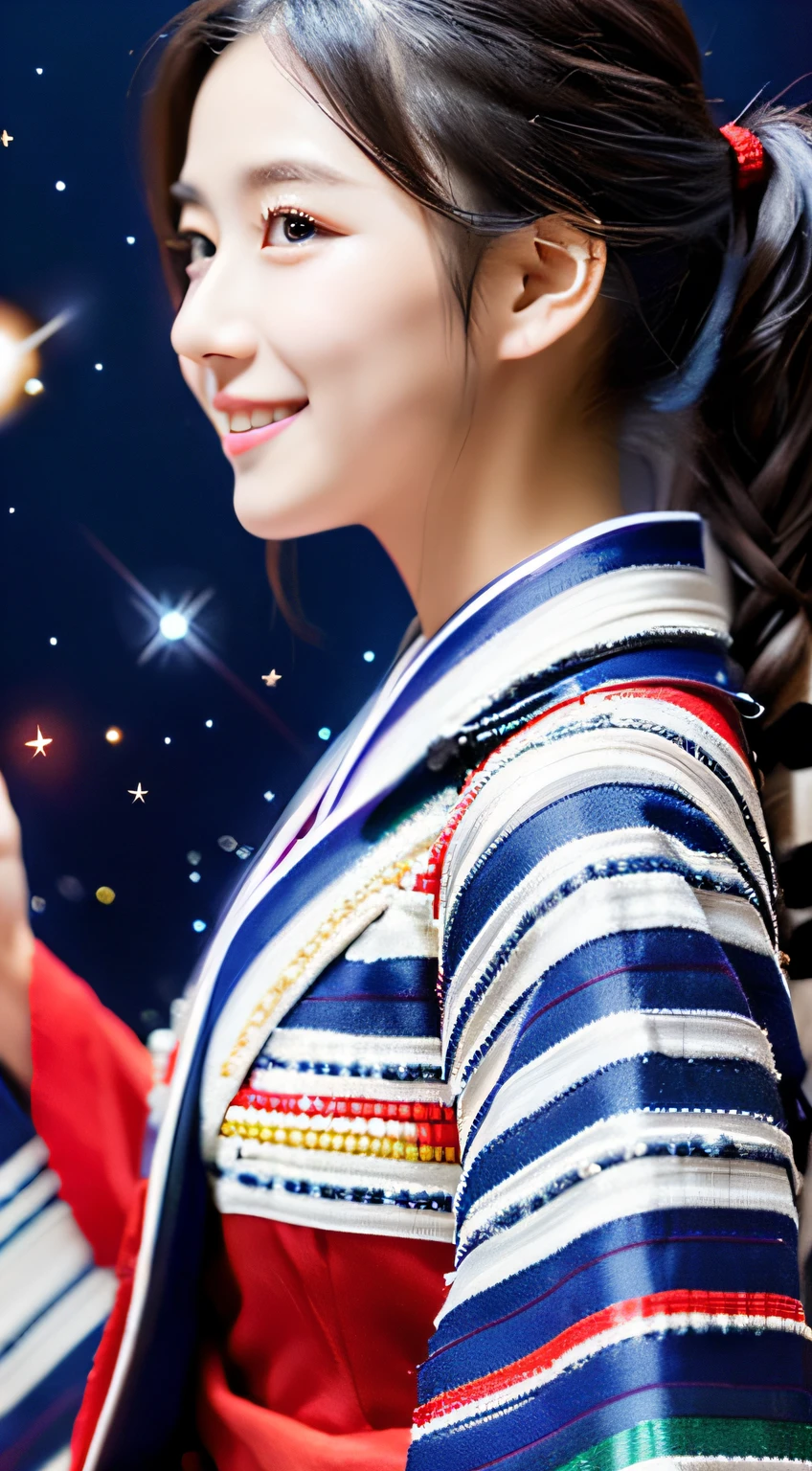 (Original photo, highest quality), (Actual, Photorealism:1.3), 1 girl, Bobcut、Earrings、smile、Actualbody,Old space costume、Ancient、rock、Ancientの儀式、Pyramid-shaped UFO from outer space、Laser light、 ((Japan 13-year-old girl)), ((Underarm hair、Underarm hairを見せる、Raise your arms、Underarm))