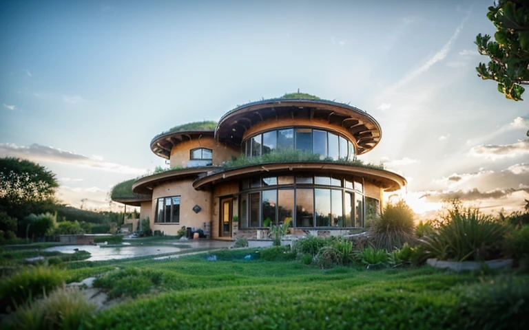 A photograph of a symmetrical contemporary hobbit house with (((waved green roof))) and (((biological pool))) in a tropical backyard, mustard yellow terracota plaster walls (((rustic clay stucco))), ((corner walls rounded)), ((rustic clay plaster)), (((terracotta walls with rounded corners, organic curves))), (((rustic earth plaster, mud))), (((wave-shaped green roof with wooden edge))), (((wooden roof structure, wooden rake, wooden fascia board))), eaves, porch with wooden pillar, ((roof with wooden structure)), In Bali (((Tropical garden))), ((natural houses, organic buildings, organic architecture)), Ecovillage, sustainable architecture, Bioconstruction architecture, solarpunk architecture, (((grass roof, green roof, green wave roof, rounded roof, vegetated roofs))), ((green architecture)), Passive house, (((Rock Foundation))), Clear sky in the background, painful beauty, modern, imposing, green house, ((Bali hobbit Hadid Style)), super resolution, cinematic, color grading, editorial photography, photography, photo shoot, (((dramatic front eye top angle view))), O 50mm, depth of field, intricate details, natural colors, sharp focus, warm light, shutter speed 1/1000, F/22, White Balance, Ray Trace Reflections, Lumen Reflections, Screen Space Reflections, Diffraction Rating, Chromatic Aberration, GB Shift, Partial Lighting, Backlighting, Daylighting, Scan Lines, ambient occlusion, antialiasing, shaders, OpenGL-Shaders, GLSL-Shaders, Post-processing, post-production, shading, tone mapping, incredibly detailed and complex, hypermaximalist, elegant, hyperrealistic, super detailed, dynamic pose, Fujifilm XT