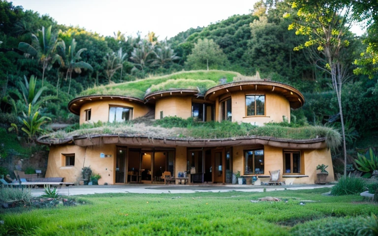 A photograph of a symmetrical contemporary hobbit house with (((waved green roof))) and (((biological pool))) in a tropical backyard, mustard yellow terracota plaster walls (((rustic clay stucco))), ((corner walls rounded)), ((rustic clay plaster)), (((terracotta walls with rounded corners, organic curves))), (((rustic earth plaster, mud))), (((wave-shaped green roof with wooden edge))), (((wooden roof structure, wooden rake, wooden fascia board))), eaves, porch with wooden pillar, ((roof with wooden structure)), In Bali (((Tropical garden))), ((natural houses, organic buildings, organic architecture)), Ecovillage, sustainable architecture, Bioconstruction architecture, solarpunk architecture, (((grass roof, green roof, green wave roof, rounded roof, vegetated roofs))), ((green architecture)), Passive house, (((Rock Foundation))), Clear sky in the background, painful beauty, modern, imposing, green house, ((Bali hobbit Hadid Style)), super resolution, cinematic, color grading, editorial photography, photography, photo shoot, (((dramatic front eye top angle view))), O 50mm, depth of field, intricate details, natural colors, sharp focus, warm light, shutter speed 1/1000, F/22, White Balance, Ray Trace Reflections, Lumen Reflections, Screen Space Reflections, Diffraction Rating, Chromatic Aberration, GB Shift, Partial Lighting, Backlighting, Daylighting, Scan Lines, ambient occlusion, antialiasing, shaders, OpenGL-Shaders, GLSL-Shaders, Post-processing, post-production, shading, tone mapping, incredibly detailed and complex, hypermaximalist, elegant, hyperrealistic, super detailed, dynamic pose, Fujifilm XT