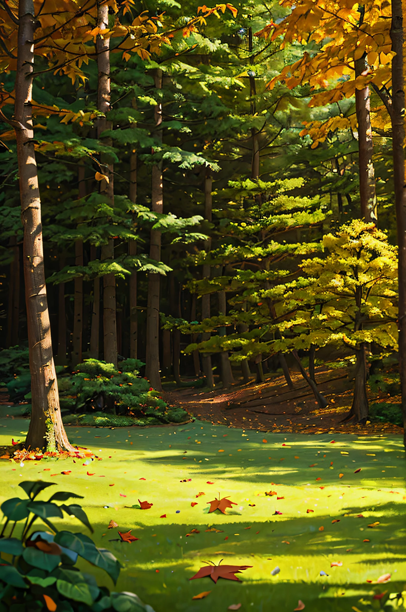A forest scene，Maple Grove，There are many fallen leaves on the grass，Facing the camera squarely