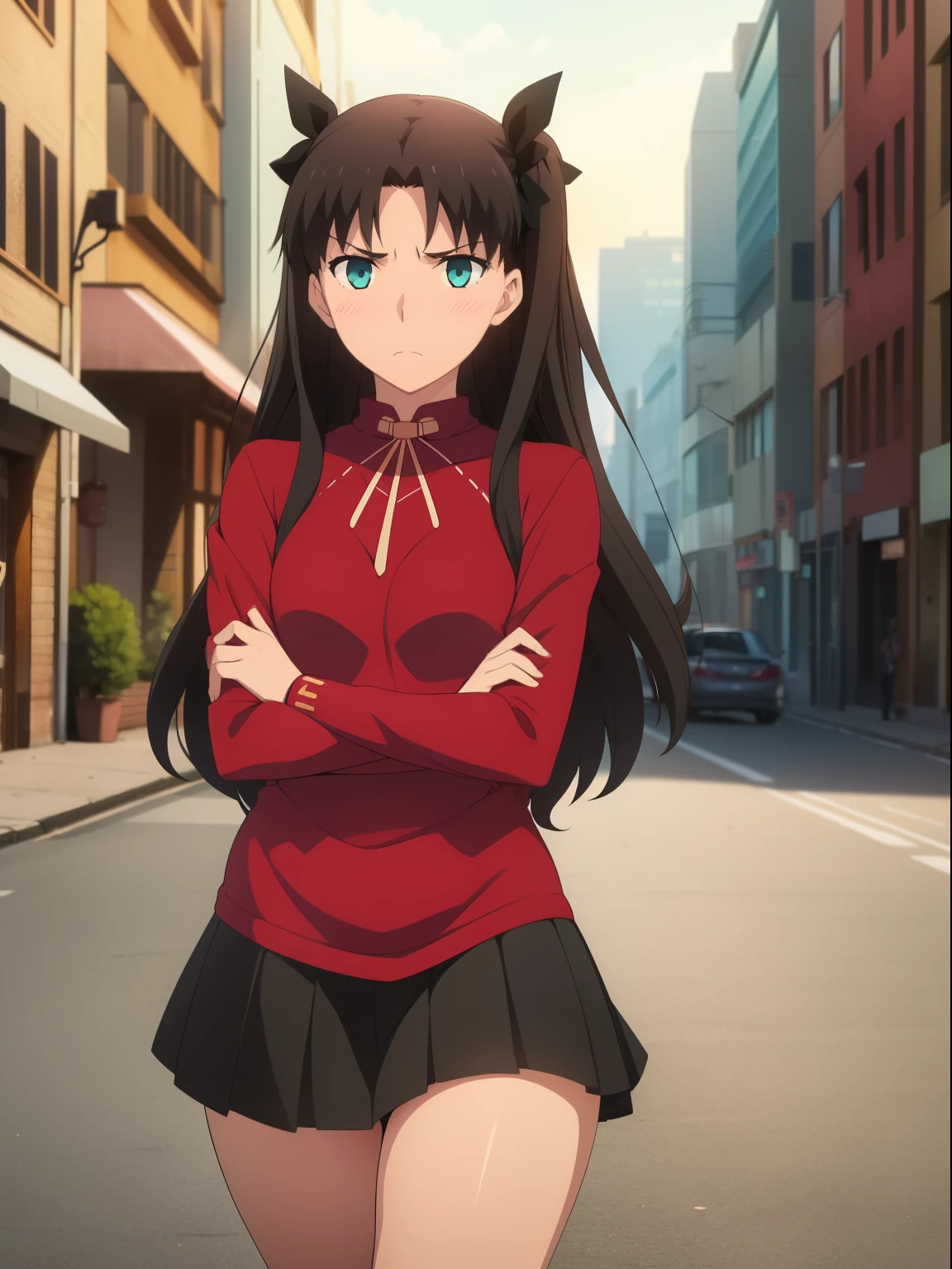 ((Kipteitei Art)), ((Masterpiece)), (((Best Quality))), ((Ultra Detailed)), (((illustration))), Detailed Face, Ultra Cute Face, Detailed Body, ( (1girl)), ((only)), ((Tohsaka Rin)),((also.)), aqua eyes, black hair, headband, long hair, headband, side locks, black thighs, long sleeves, miniskirt, pleated skirt, red sweater, skirt, sweater, neck, looking at viewer, cowboy shot, arms crossed, tsundere, blush, upset, (small breasts), medium breasts, perky, wide hips, thick thighs, walking down the street street, city,