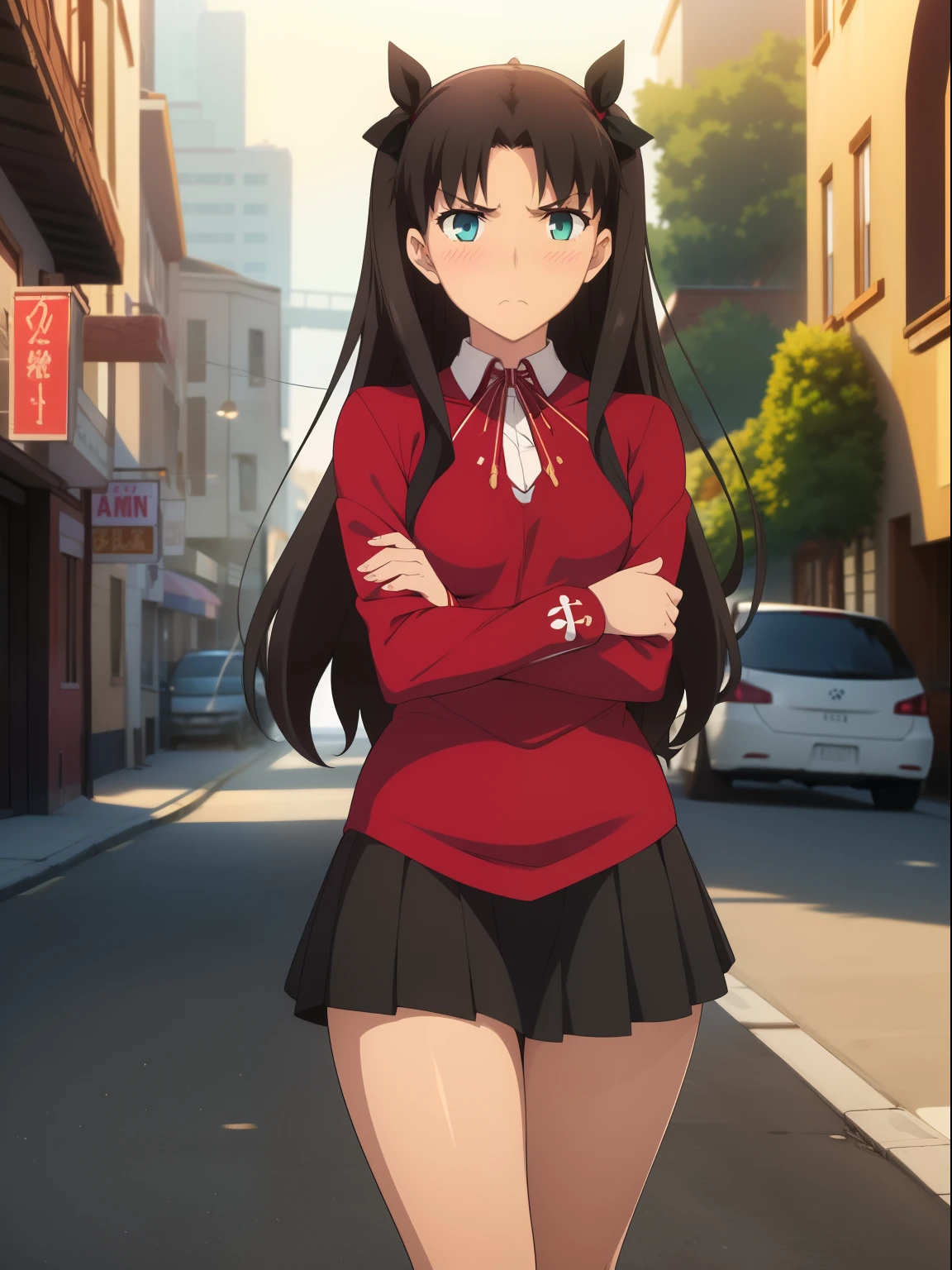 ((Kipteitei Art)), ((Masterpiece)), (((Best Quality))), ((Ultra Detailed)), (((illustration))), Detailed Face, Ultra Cute Face, Detailed Body, ( (1girl)), ((only)), ((Tohsaka Rin)),((also.)), aqua eyes, black hair, headband, long hair, headband, side locks, black thighs, long sleeves, miniskirt, pleated skirt, red sweater, skirt, sweater, neck, looking at viewer, cowboy shot, arms crossed, tsundere, blush, upset, (small breasts), medium breasts, perky, wide hips, thick thighs, walking down the street street, city,