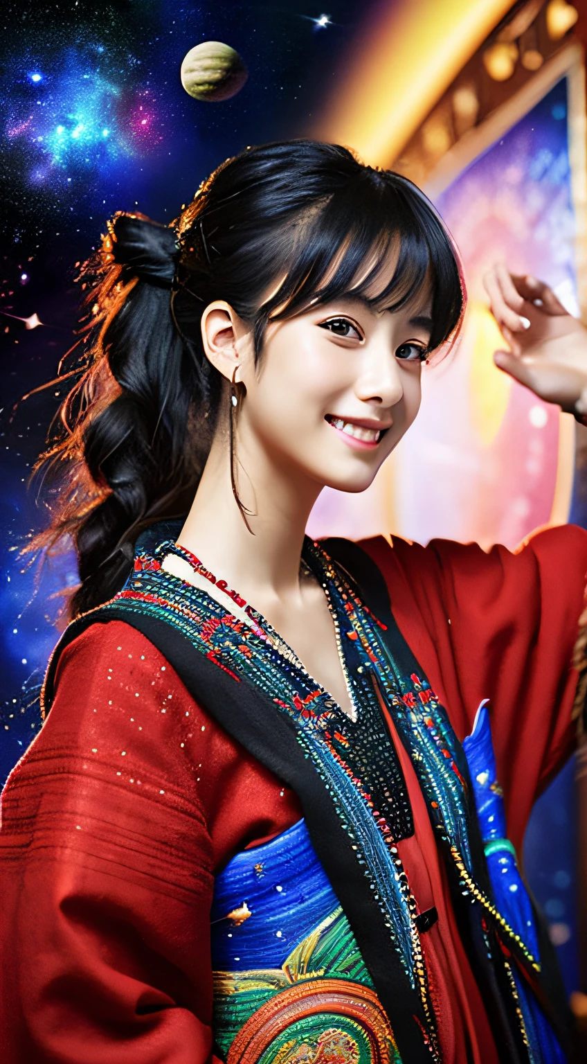 ((Outer space background))、hight resolution, Sharp Focus, Pixiv masterpiece, ((Intricate details)), Highly detailed, file_Seven Deer, 1girll, Onna no ko, Striped Beaded Necklace, Black hair, (spiked hair:1.1), Ponytail, Very long hair, Red clothes, red and blue open clothes, Simple kimono, Hakama、Outer space background、a smile