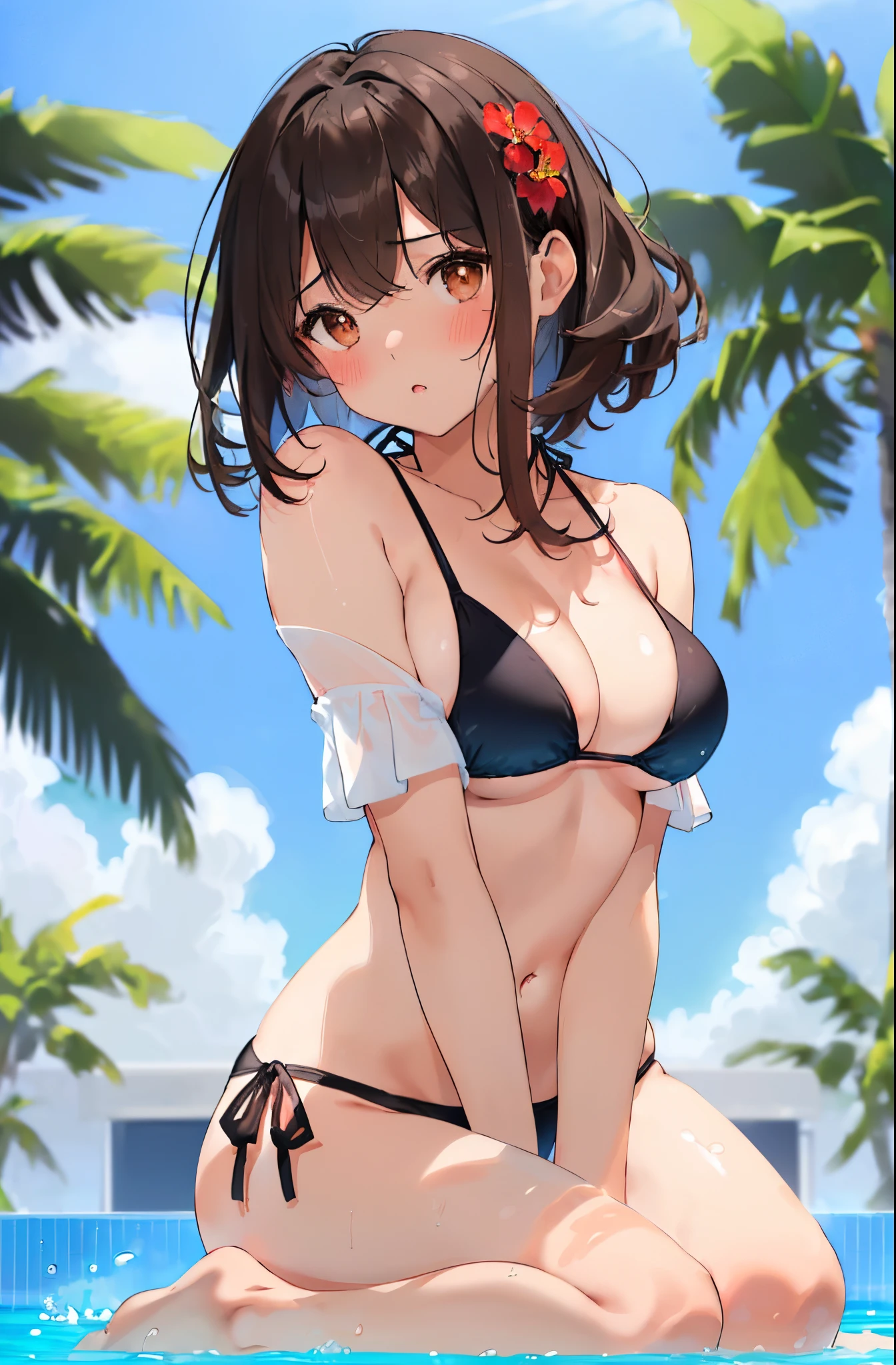 top-quality、masterpiece、(1 adult female:1.3)、(Soft bust:1.2)、Natural Big、cleavage of the breast、(to close range:1.2)、Seated Pose、Chest thrusting pose、(Thin and simple black small bikini swimsuit:1.2)、(White highlights of the pupil:1.2)、dark red-brown eyes、A dark-haired、(Look at viewers:1.2)、de pele branca、Textured skin、A slight smil、red blush、embarassed expression、(Blue summer sky:1.3)、(Avoid the background around the upper body:1.3)、(Blur the background a lot to make the woman stand out:1.3)、(Beautiful background of beach pool:1.3)、(Beautiful summer flowers)