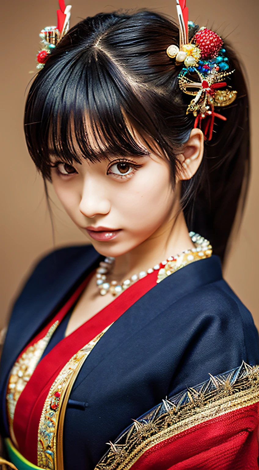 hight resolution, Sharp Focus, Pixiv masterpiece, ((Intricate details)), Highly detailed, file_Seven Deer, 1girll, Onna no ko, Striped Beaded Necklace, Black hair, (spiked hair:1.1), Ponytail, Very long hair, Red clothes, red and blue open clothes, Simple kimono, Hakama、Outer space background