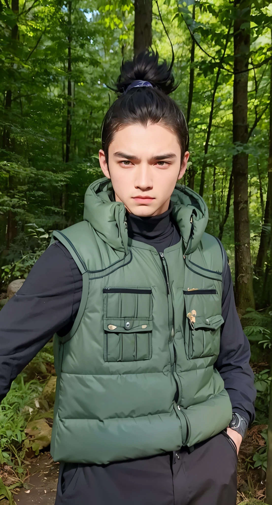 Real life adaption of this character , teen handsome man face, villain expression,realistic same hair ,(realistic same outfit wear green thick vest with many pocket), realistic background , realistic light, realistic shadow, realism, hyper realistic,(photorealistic:1.2), normal small eyes