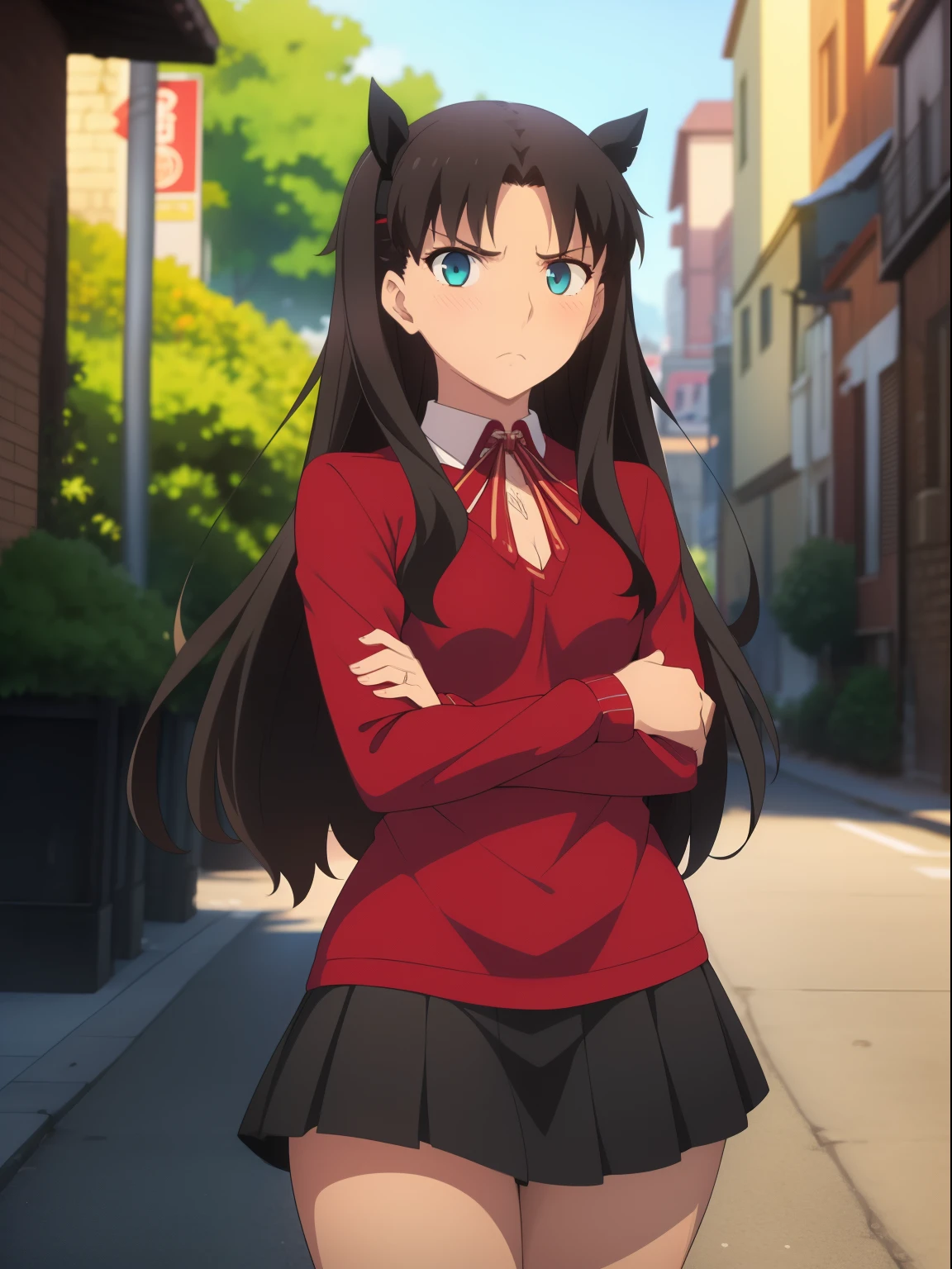 ((Kipteitei Art)), ((Masterpiece)), (((Best Quality))), ((Ultra Detailed)), (((illustration))), Detailed Face, Ultra Cute Face, Detailed Body, ( (1girl)), ((only)), ((Tohsaka Rin)),((also.)), aqua eyes, black hair, headband, long hair, headband, side locks, black thighs, long sleeves, miniskirt, pleated skirt, red sweater, skirt, sweater, neck, looking at viewer, cowboy shot, arms crossed, tsundere, blush, upset, (small breasts), medium breasts, perky, wide hips, thick thighs, walking down the street street, city,