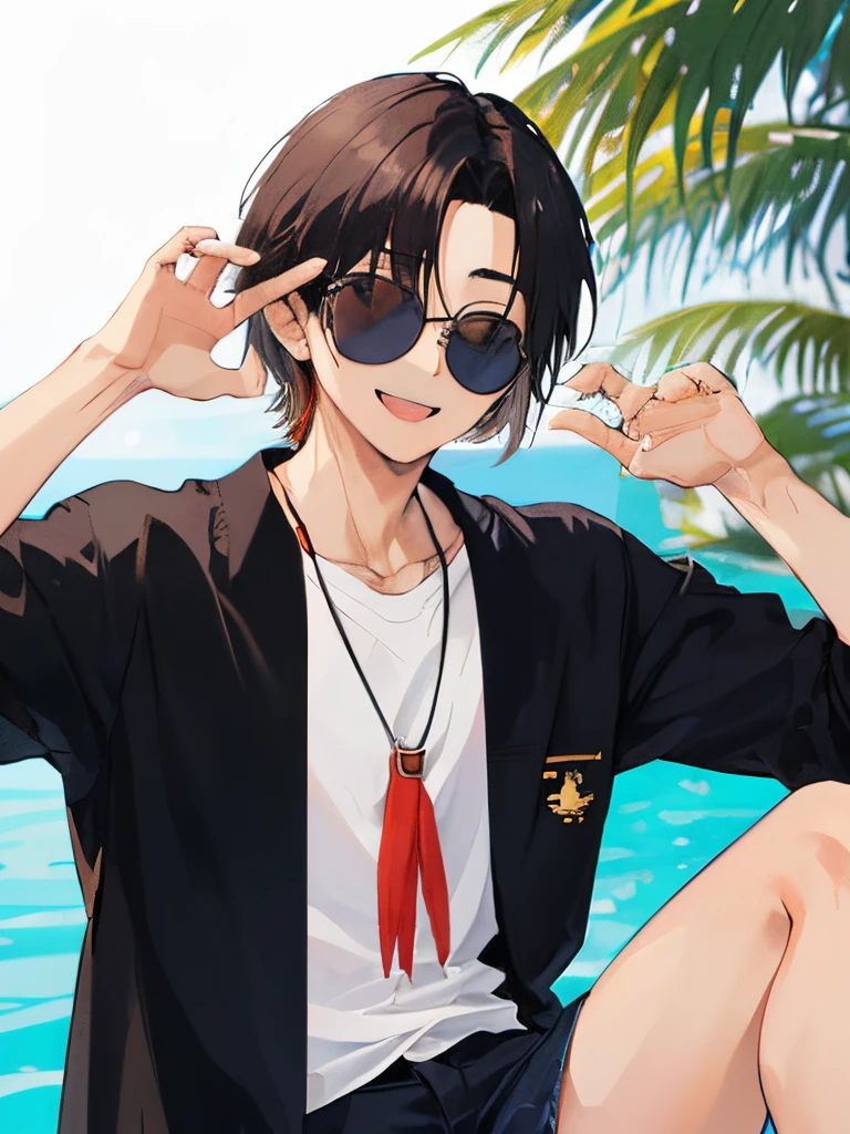 realista, 8k , um homem de 20 anos , oriental, john lenon style sunglasses , (oculos escuro pequeno e redondo)cabelo kpop, sorridente, porte magro, com um pouco de musculo, peso pena, com barba e cavanhaque