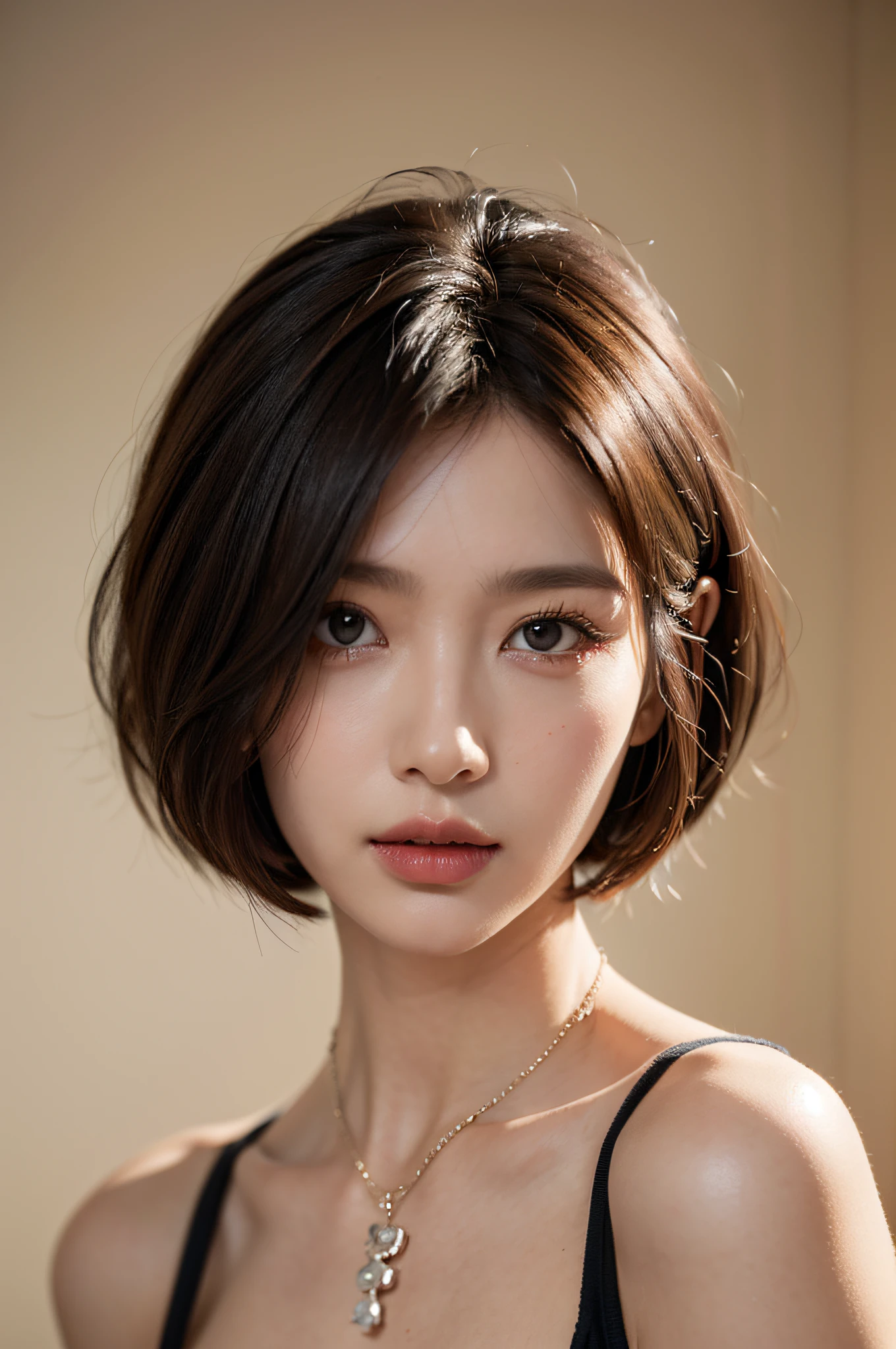 Skin Tight Black Top:1.2, Looking at Viewer, Cinematic lighting, Perfect, softlight, High resolution skin:1.2, Realistic skin texture,30 years old mature woman、 Realistic face, off shoulders, Exposed cleavage,natural make up、 Detailed red eyes、 Short hair, dark brown  hair、a small face、Bust B Cup、Oversized_Sweaters、a necklace