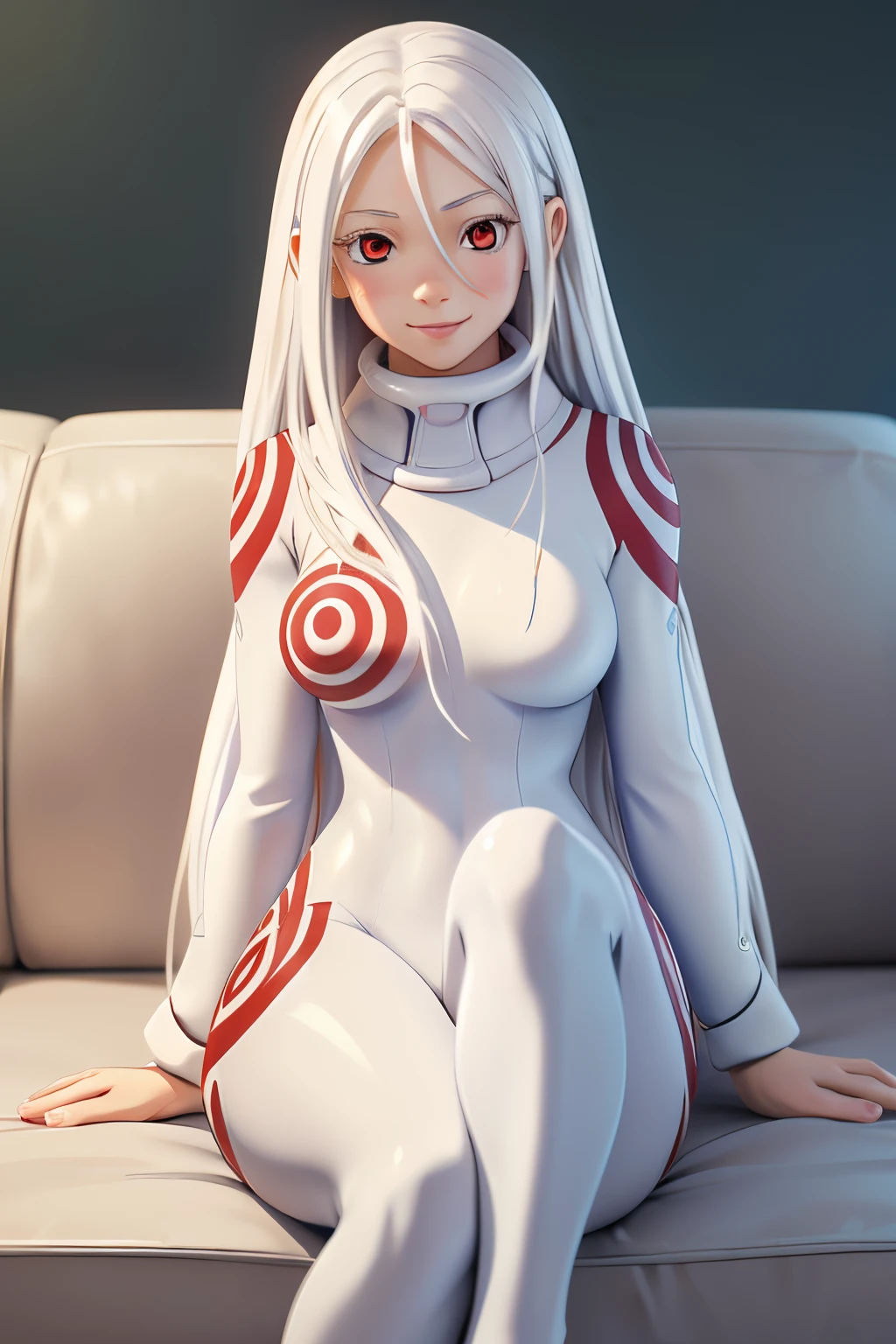 ((ultra quality)), ((tmasterpiece)), albino girl Shiro, Shiro from the anime Deadman Wonderland, ((White long hair)), Beautiful cute face, beautiful female lips, charming beauty, ((Cheerful expression on his face)), is looking at the camera, slightly closed eyes, ((Skin color: white)), Body glare, ((detailed beautiful female eyes)), ((red-eyes)), beautiful female hands, ((perfect female figure)), ideal female body shapes, Beautiful waist, nice feet, big thighs, Beautiful butt, ((Subtle and beautiful)), sexy sitting on a white sofa, ((wearing Shiro&#39;s costume, white Shiro suit)), background: prison with white walls, ((Depth of field)), ((high quality clear image)), ((crisp details)), ((higly detailed)), Realistic, Professional Photo Session, ((Clear Focus)), ((cartoon)), the anime, NSFW