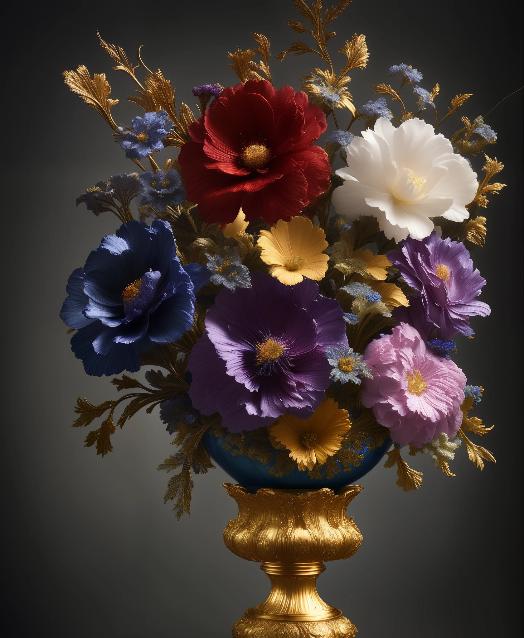 a multi elemental flowers in baroque vase, Elemental Flowers, dark background, highly detailed, sharp focus, professional, 4k, max detail, god rays, highres,high detail, sharp focus, smooth, aesthetic, extremely detailed, baroque, detailed facial features, hand model, petite, delicate, intricate details