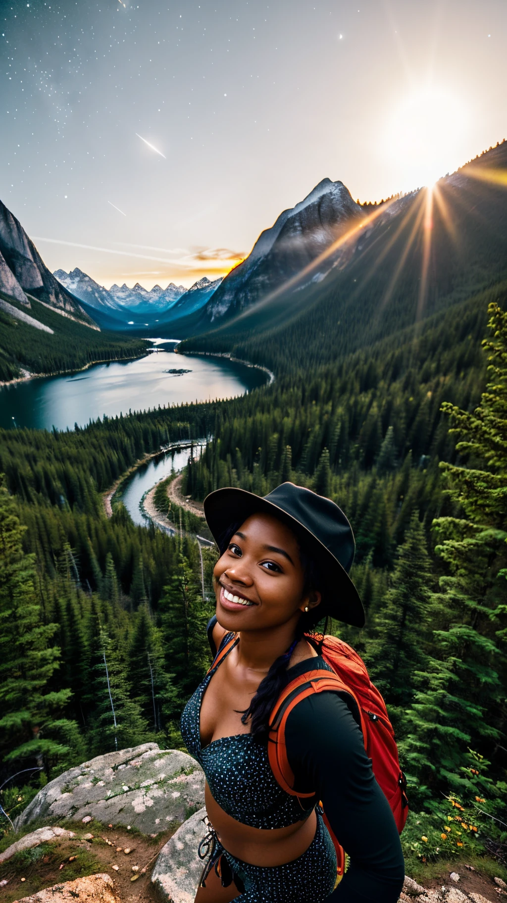 1 black woman wearing a lingerie ((upper body selfie, happy)), masterpiece, best quality, ultra-detailed, solo, outdoor, (night), mountains, nature, (stars, moon) cheerful, happy, backpack, sleeping bag, camping stove, water bottle, mountain boots, hat, lantern, forest, rocks, river, wood, smoke, shadows, contrast, clear sky, style, (warm hue, warm tone)