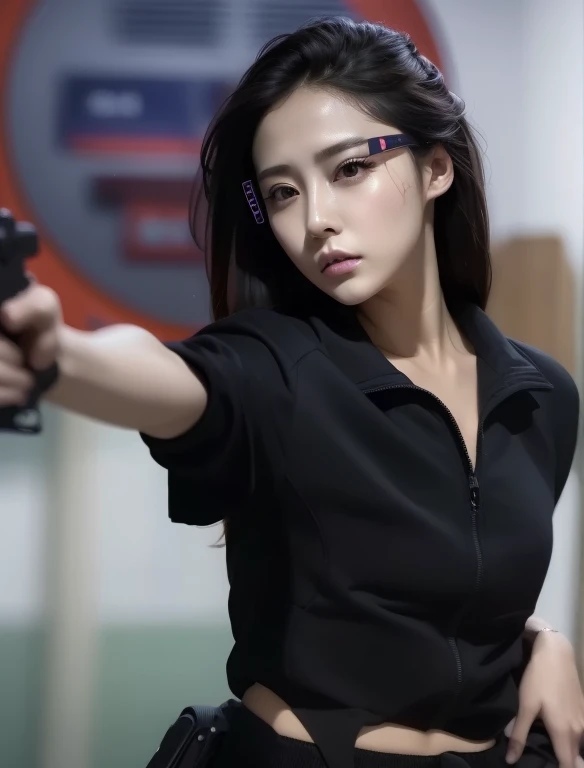 hay una mujer con una pistola en la mano, dilraba dilmurat, con pistola, Wenfei Ye, li zixin, Pose de disparo, Wei Wang, Xision Wu, Xintong Chen, Jinyiwei, in the style of sifu 🔥 😎 🕹️ 👀 :2, Female Spy, con rifle, Qifeng Lin, Cai Xukun